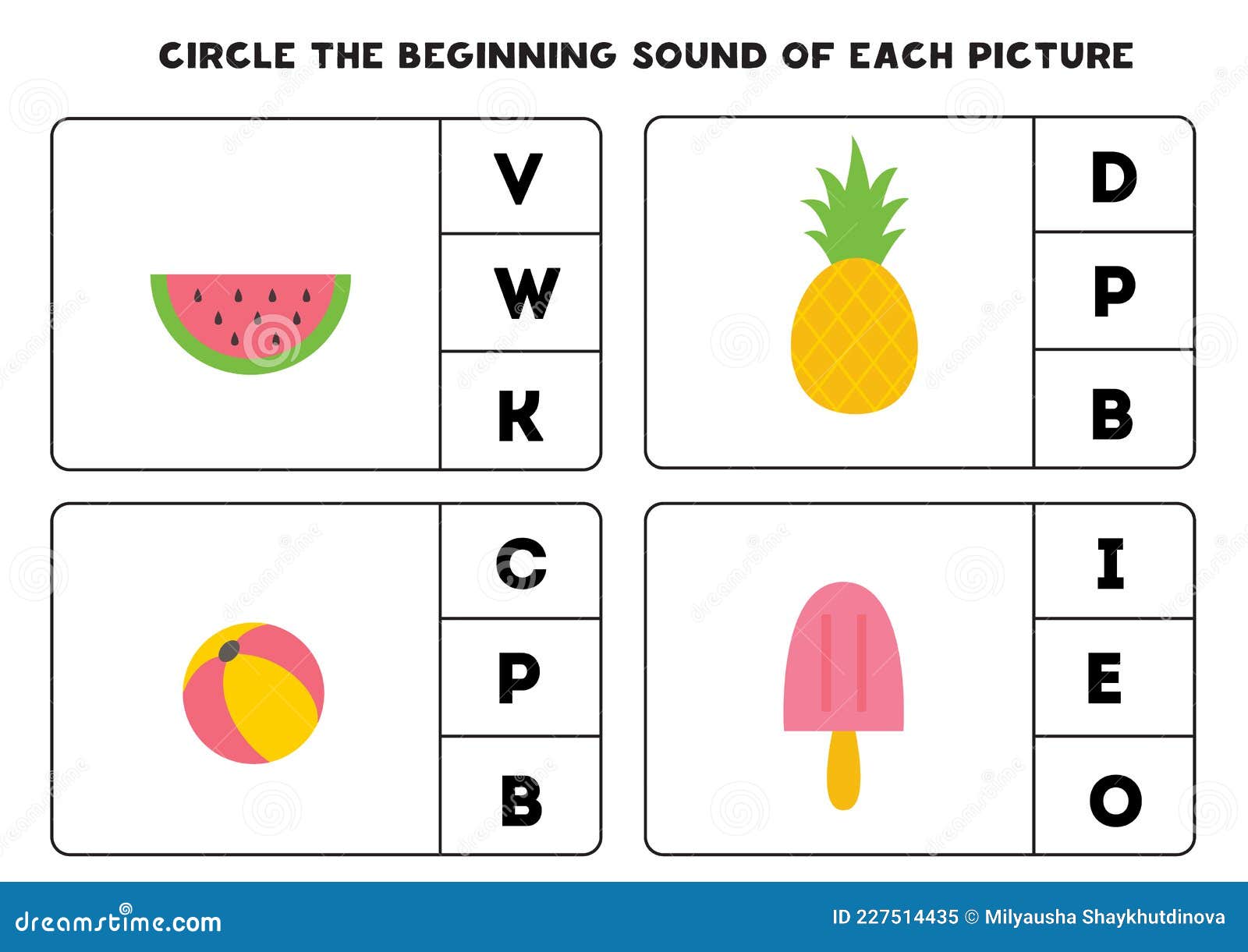 Worksheet for Kids. Find the Beginning Sound of Cute Summer Elements