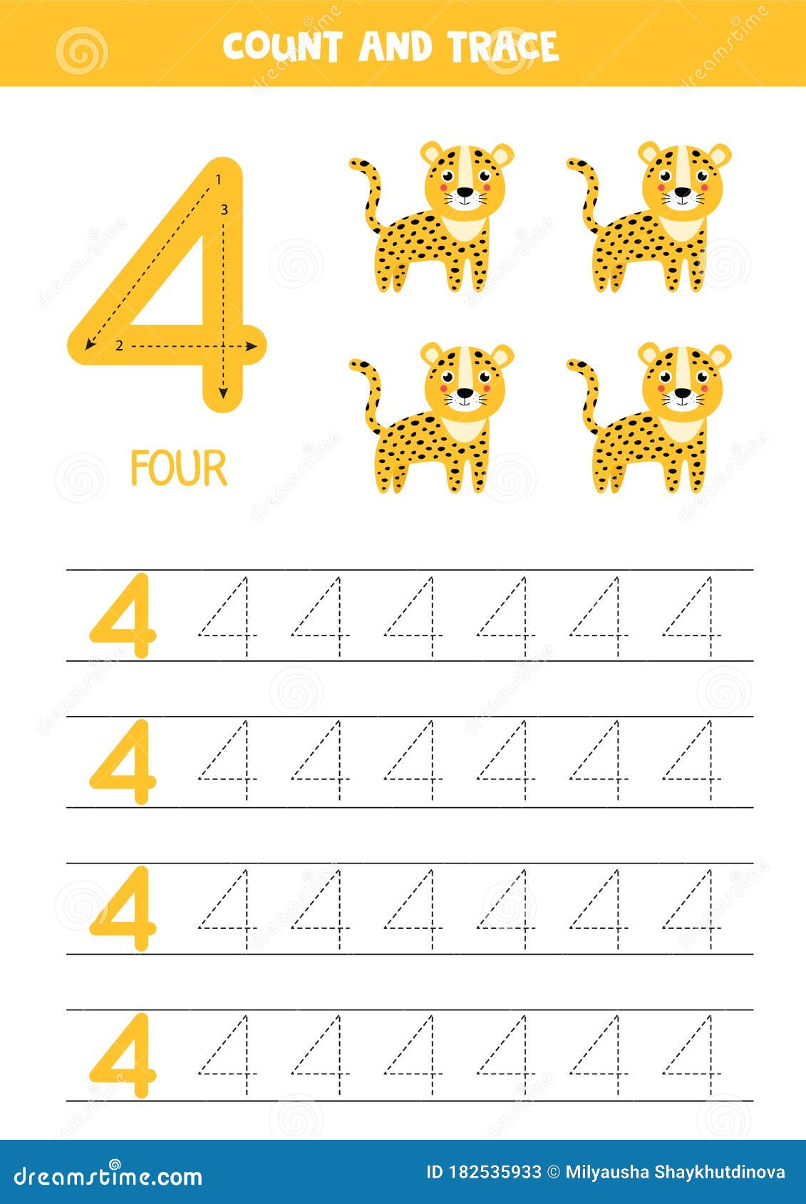 Worksheet for Learning Numbers with Cute Giraffe. Number Four