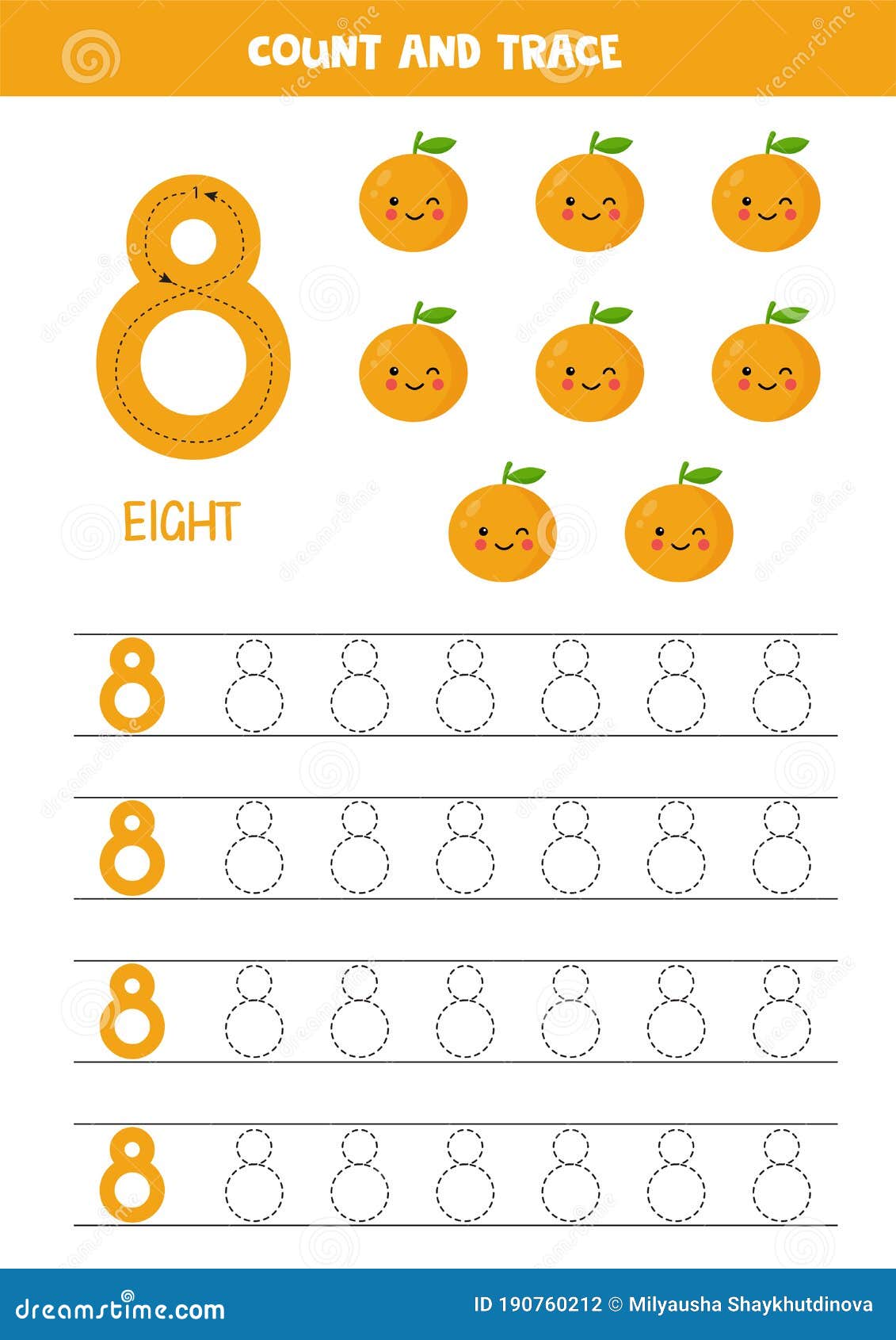 Worksheet for Learning Numbers with Cute Kawaii Oranges. Number 16