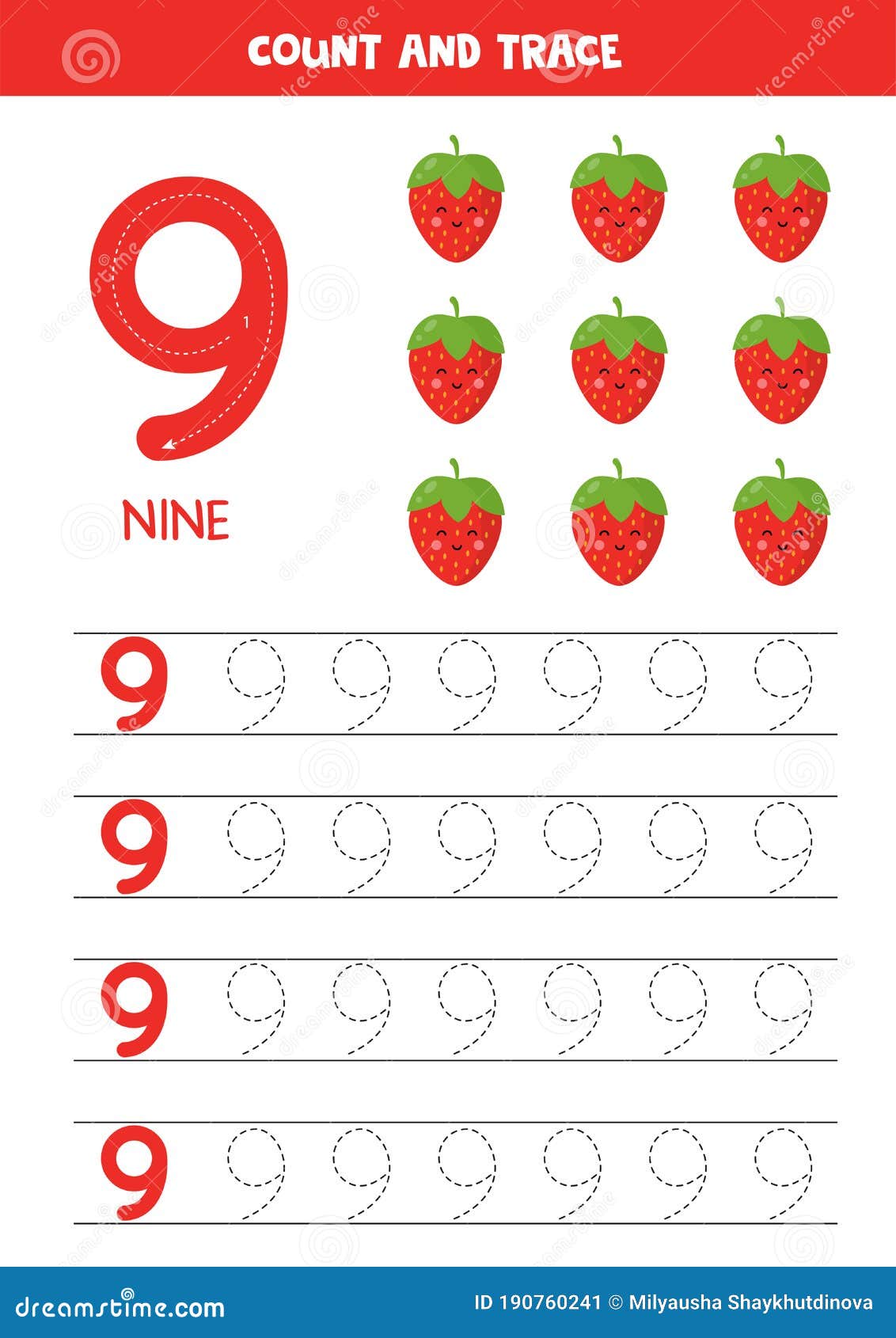 Worksheet for Learning Numbers with Cute Kawaii Strawberries