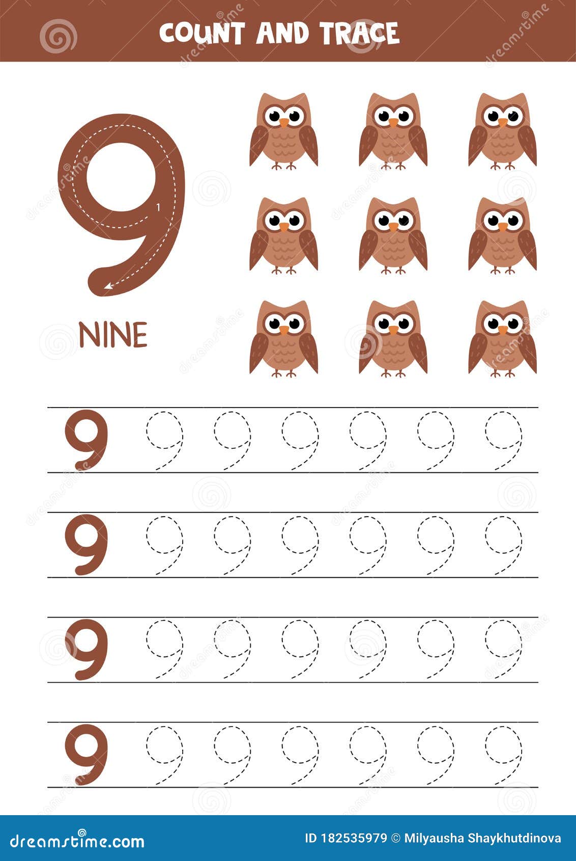 Worksheet for Learning Numbers with Cute Owls. Number Nine Stock