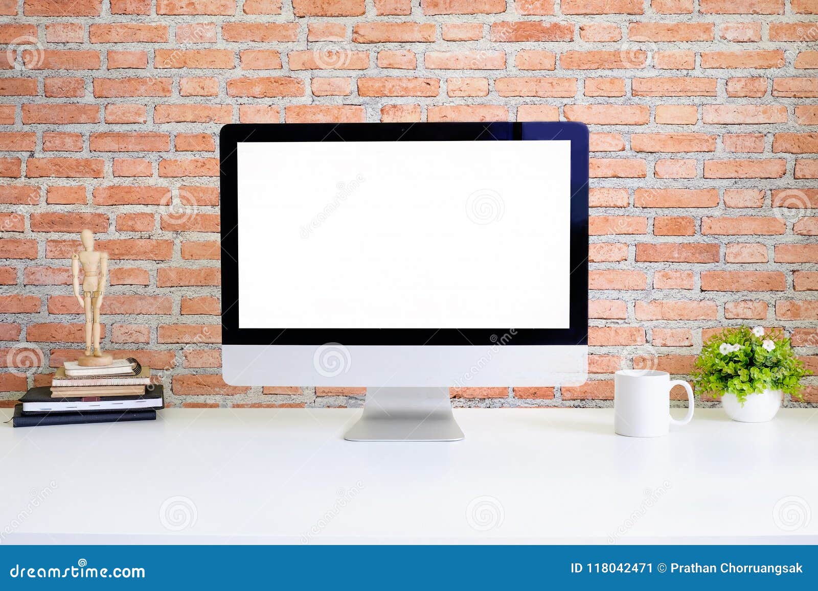 Workspace Computer Pc On White Table And Brick Wall Stock Image