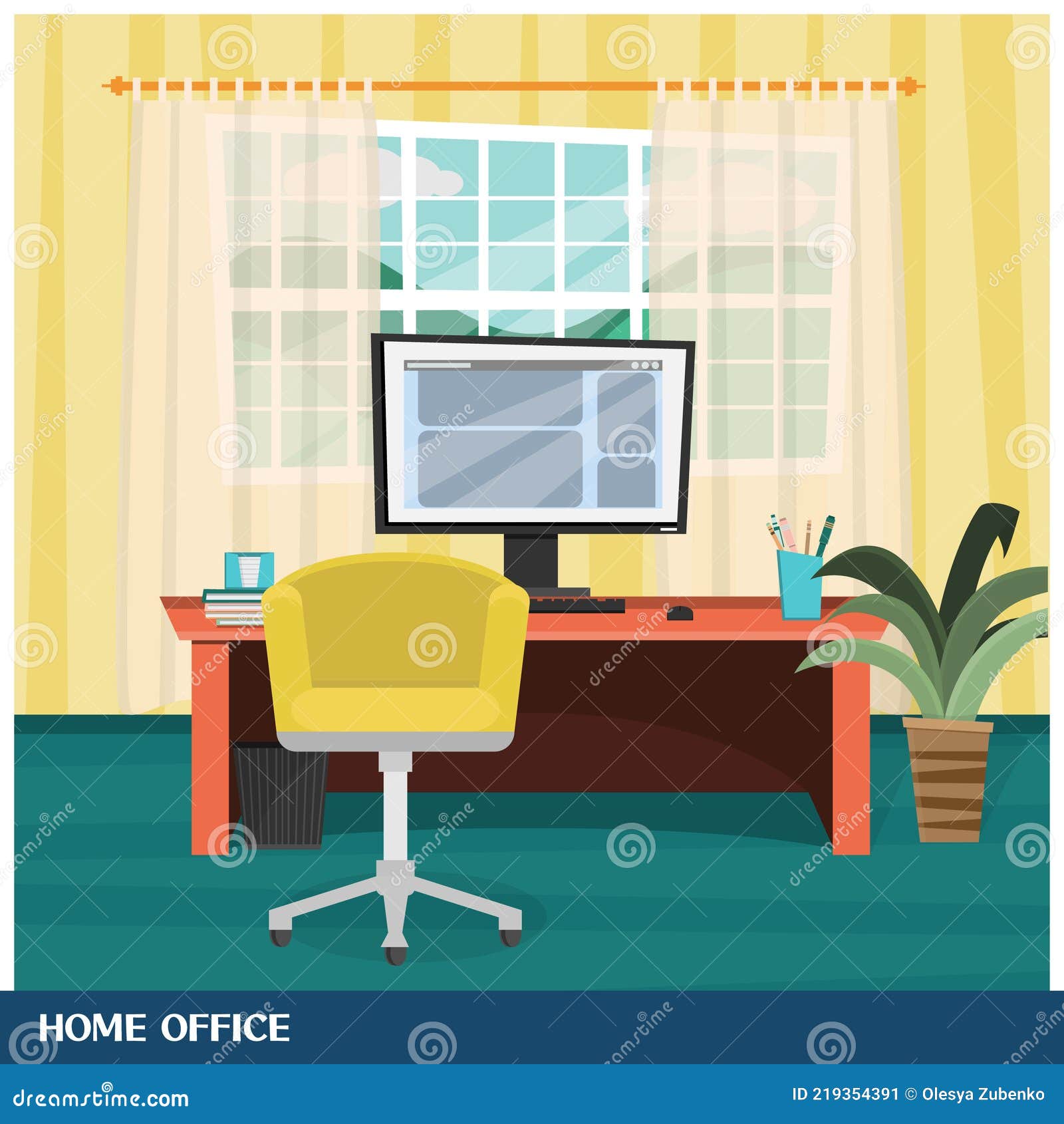 Workspace at Home, in a Cozy Room with Yellow Wallpaper. Freelancer S  Desktop with a Computer in Front of a Large Window. Flat Vec Stock Vector -  Illustration of shelf, wood: 219354391