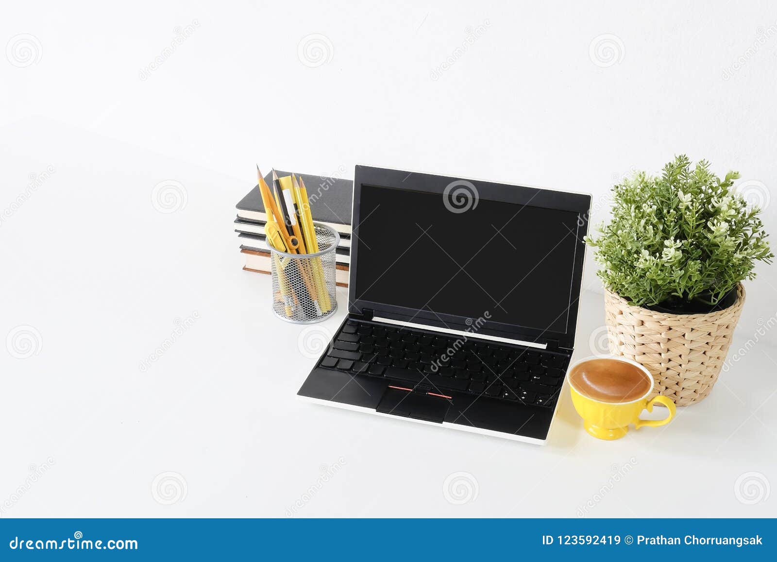 Workspace with Laptop Computer, Office Supplies,plant Decoration Stock