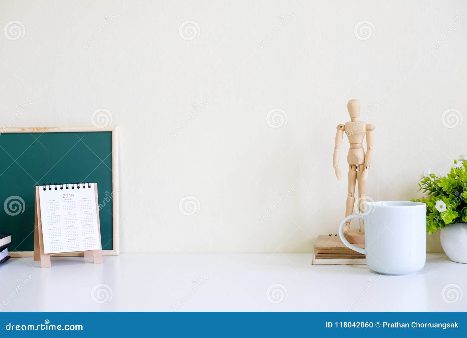 Workspace Mock Up with Wooden Model Toy, Cup of Coffee. Stock Photo ...