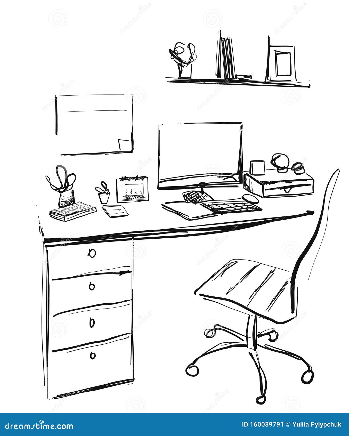 Sketch the room. office chair, desk, various objects on the table. sketch  workspace. vector illustration. | CanStock