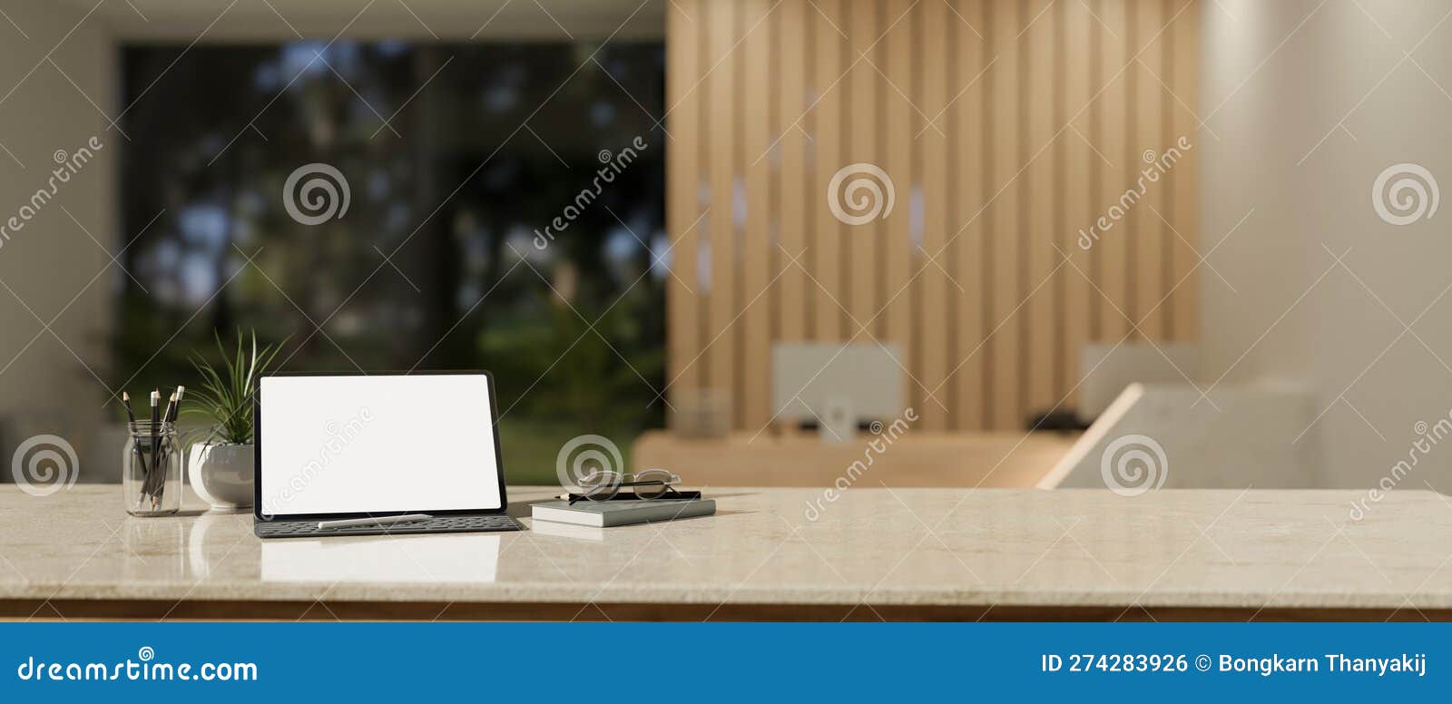 Workspace with Tablet Mockup on Tabletop in a Modern Hotel or Office Lobby Stock Illustration