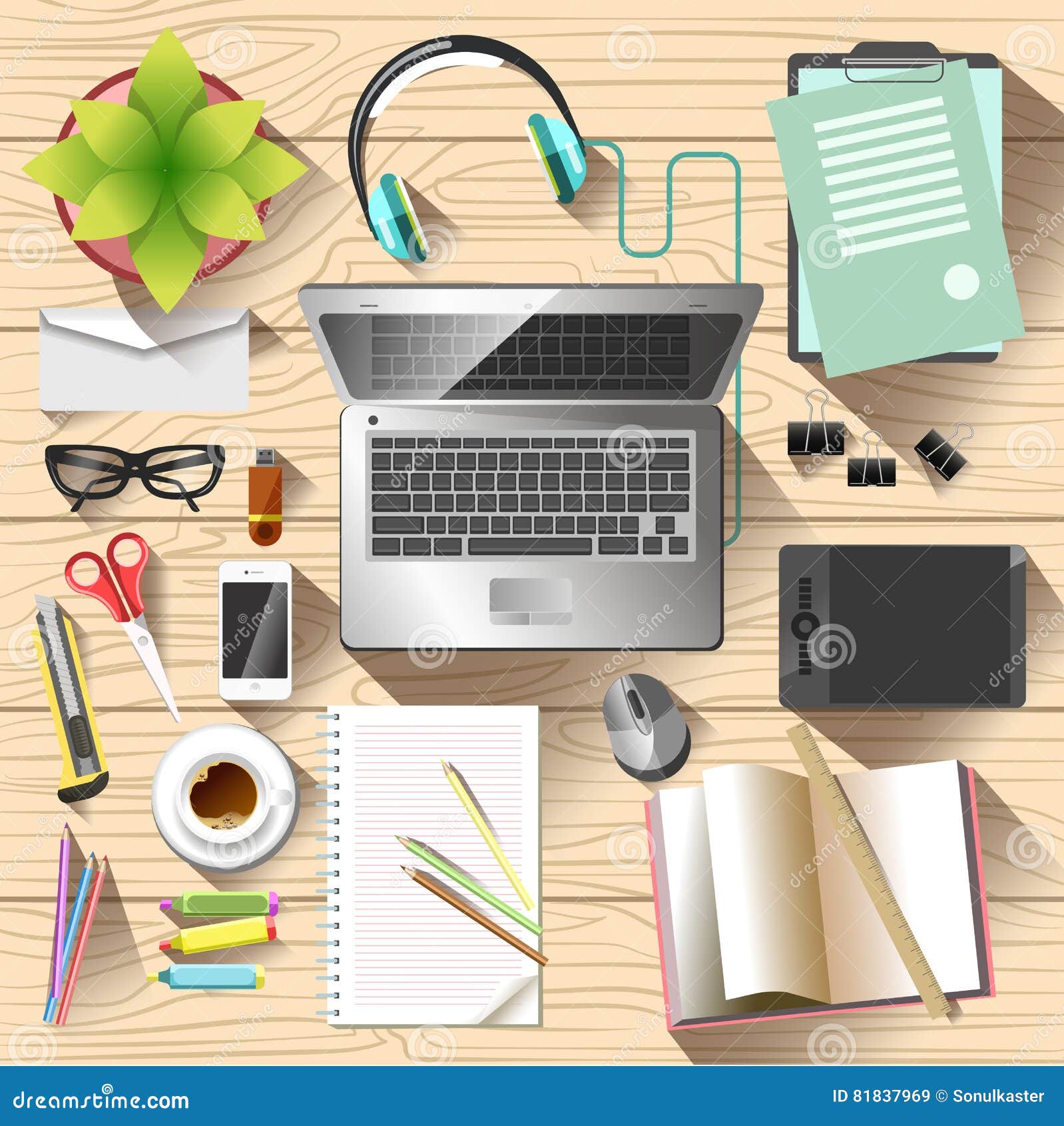 Workspace Top View Office Desk Stock Vector Illustration Of