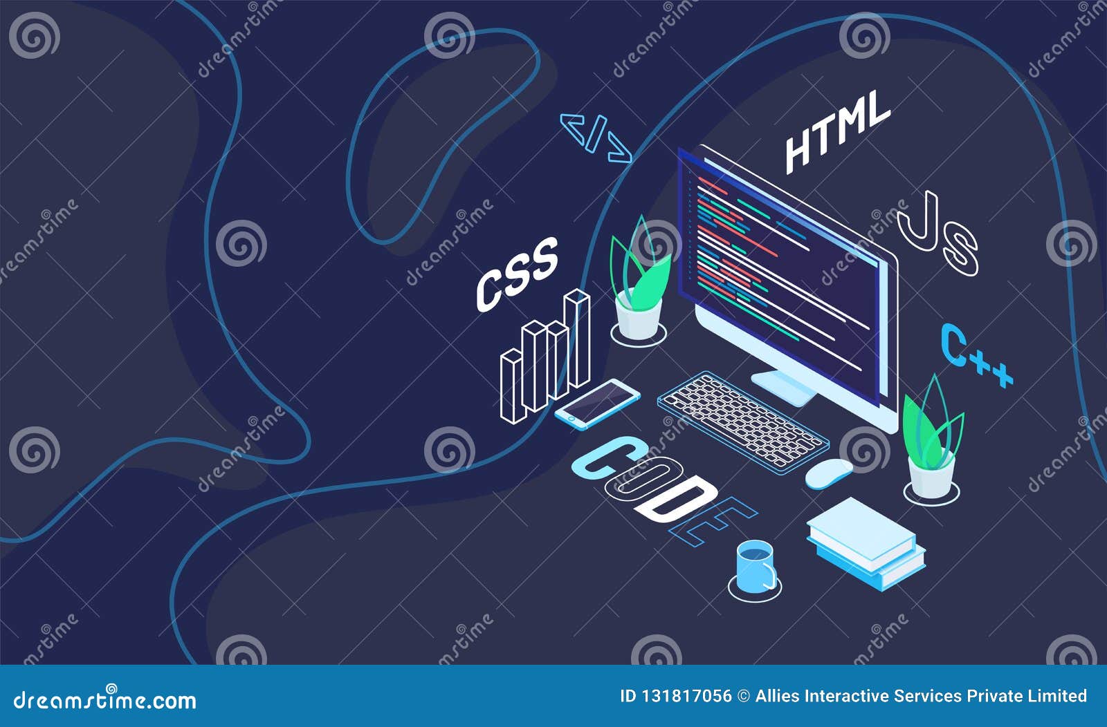 Workspace of Web Developer with Text Code on Abstract Blue Background.  Isometric Design for Software Development. Stock Illustration -  Illustration of network, smartphone: 131817056