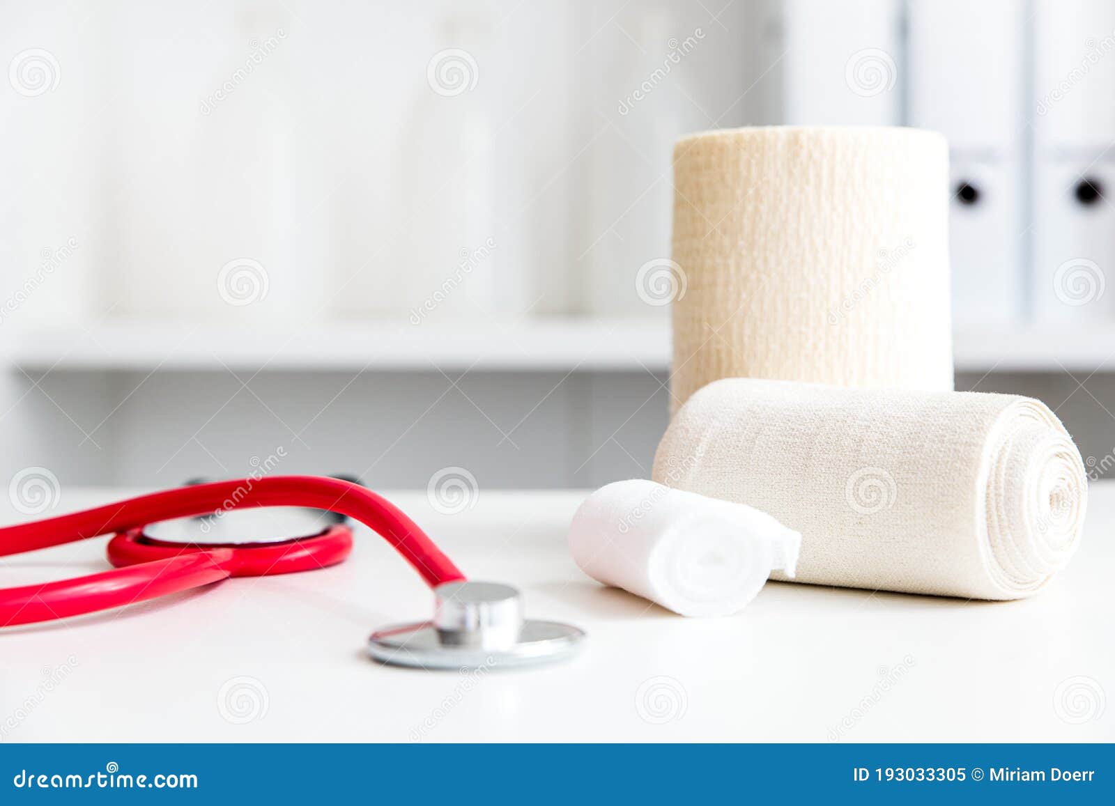 workspace or workplace in a doctorÃÂ´s office with bandages and a stethoscope