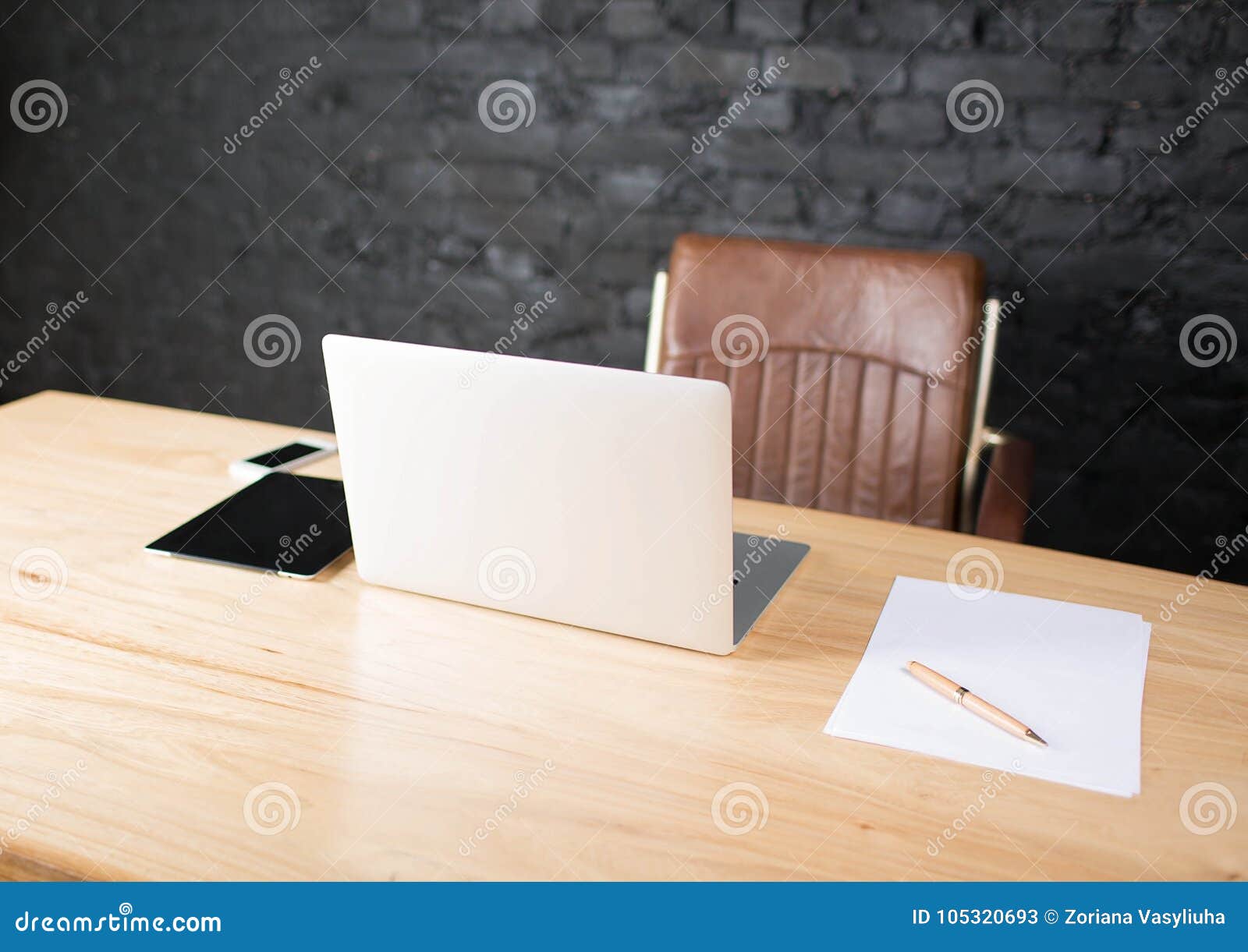 Business Work Place With Chair Wooden Table Touch Pad