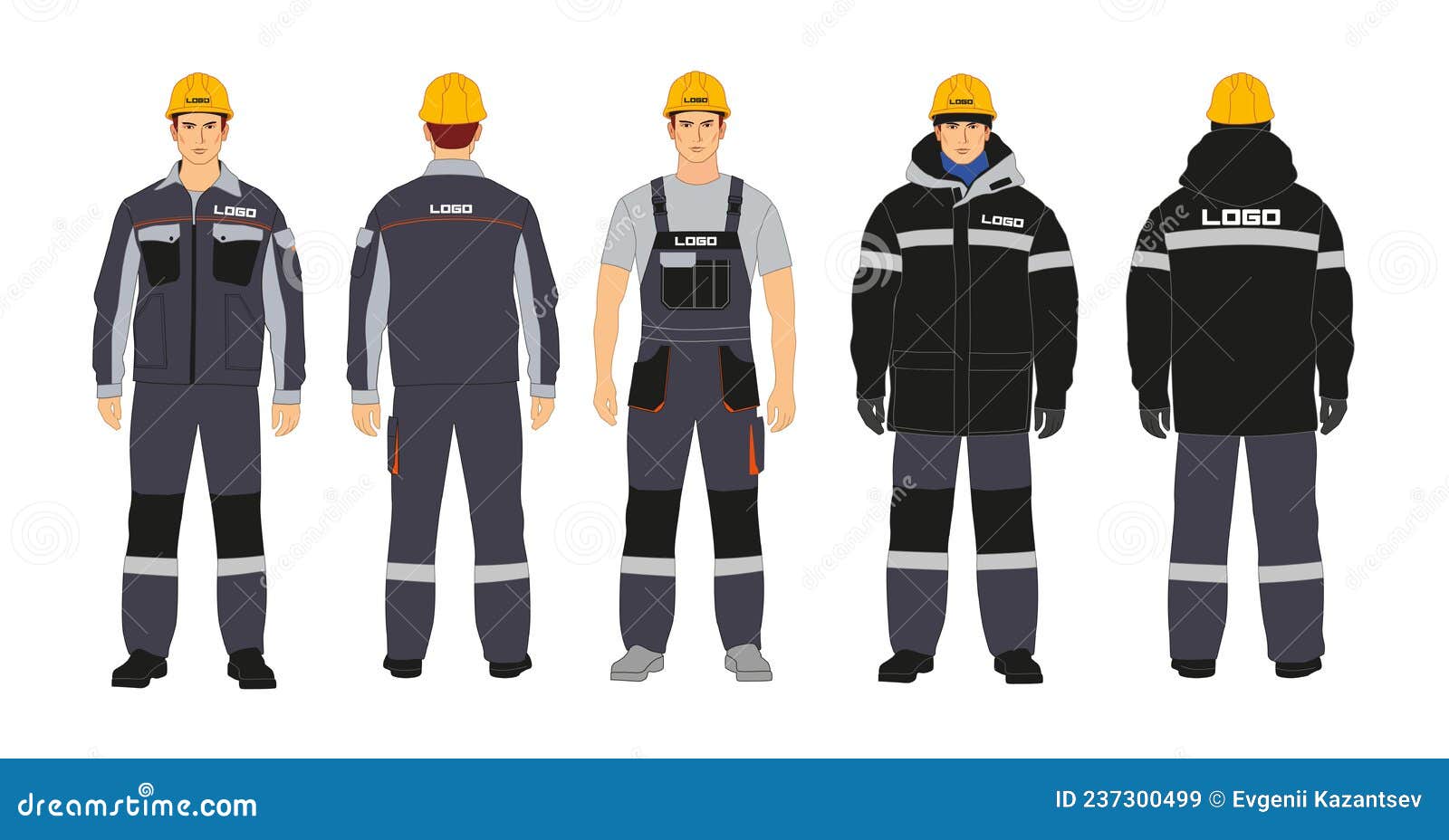 workwear branding. blanks for corporate identity. black and gray colors. a man in a winter jacket and overalls