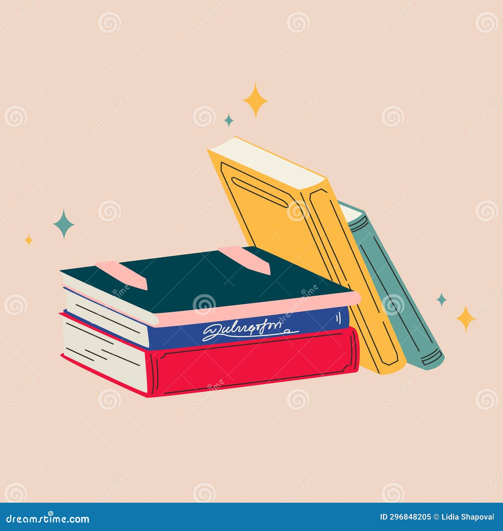 Stack of Three Lying and Two Standing Books Stock Vector Illustration