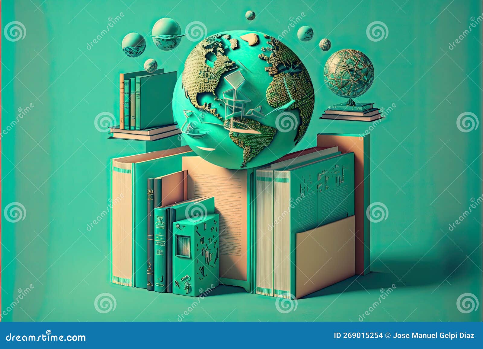 world bookÃÂ´s day. many books forming a globe in turquoise tone. generative ai