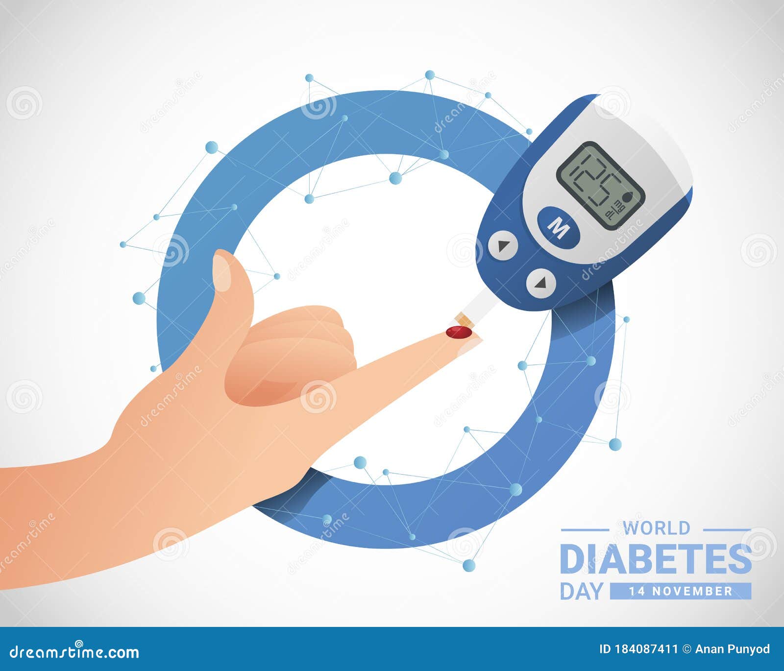 World Diabetes Day with Glucose Testing Blood on Finger Hand on Blue