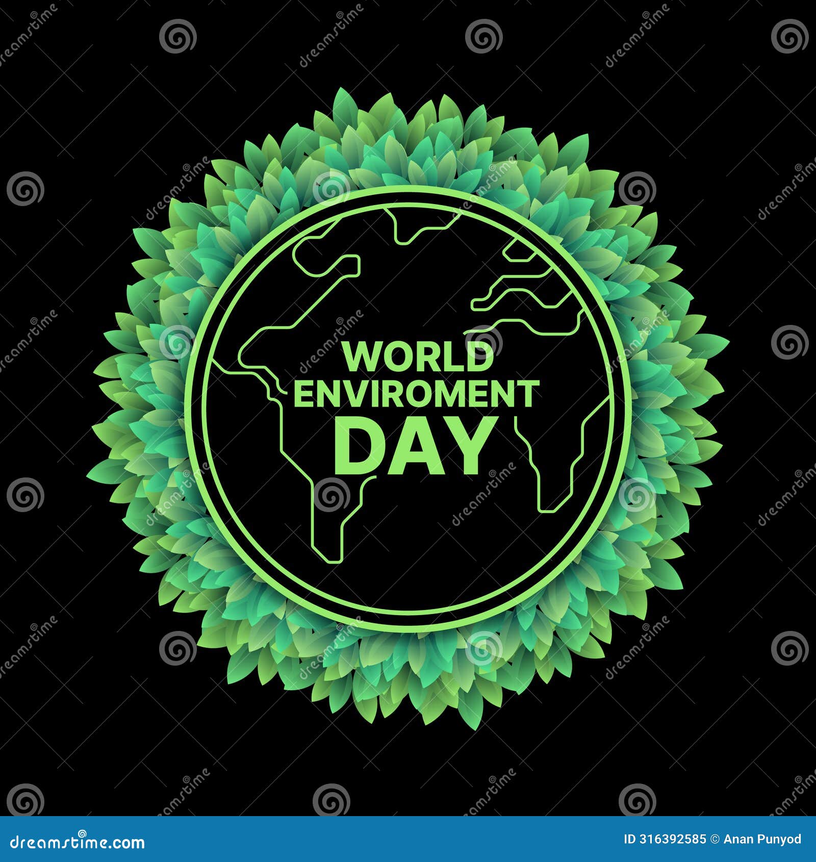 world enviroment day - green text on green line globe world sign in circle frame with leaf texture around on black background