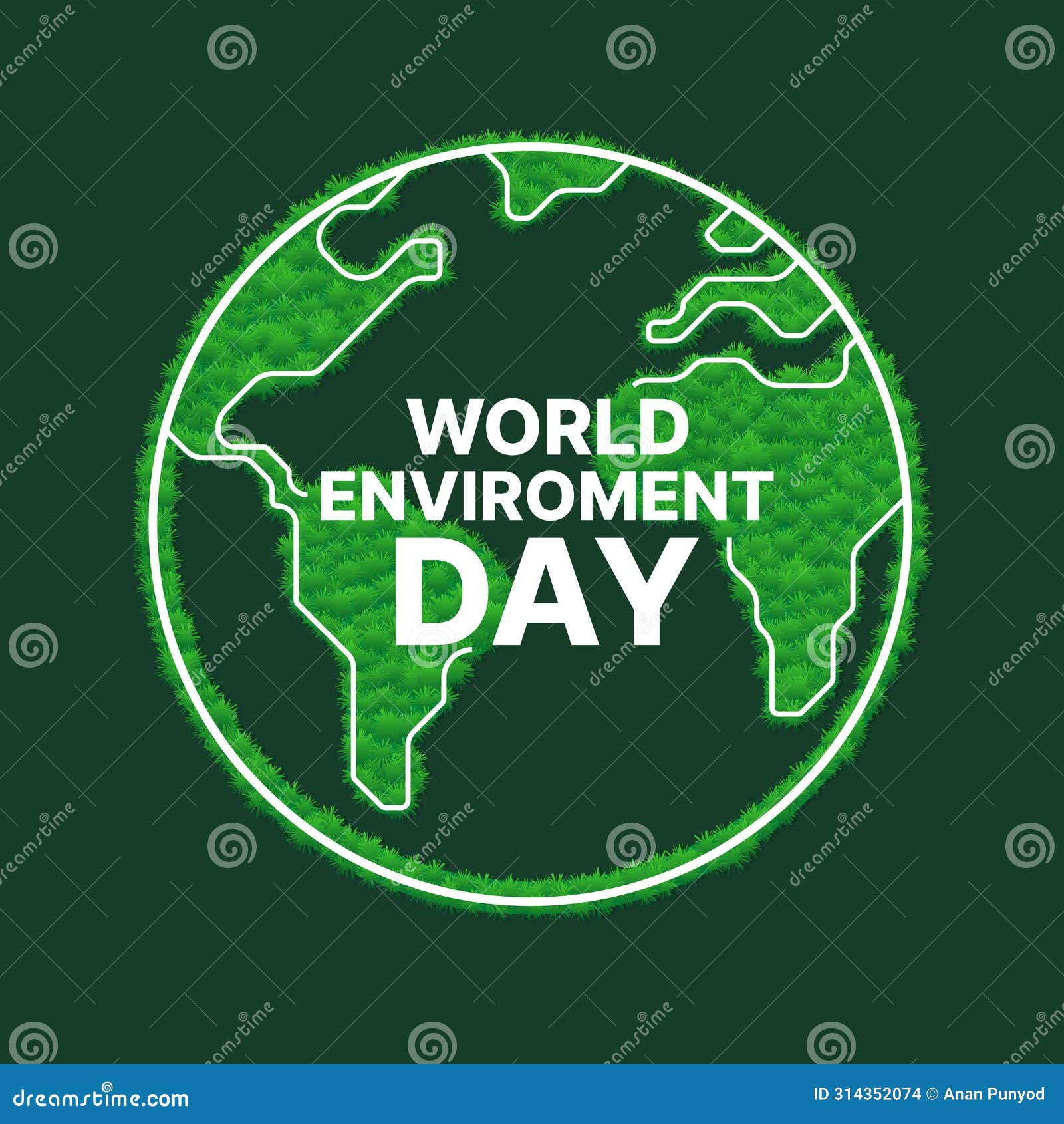 world enviroment day - white text on green globe world with leaf texture and white line on dark green background  