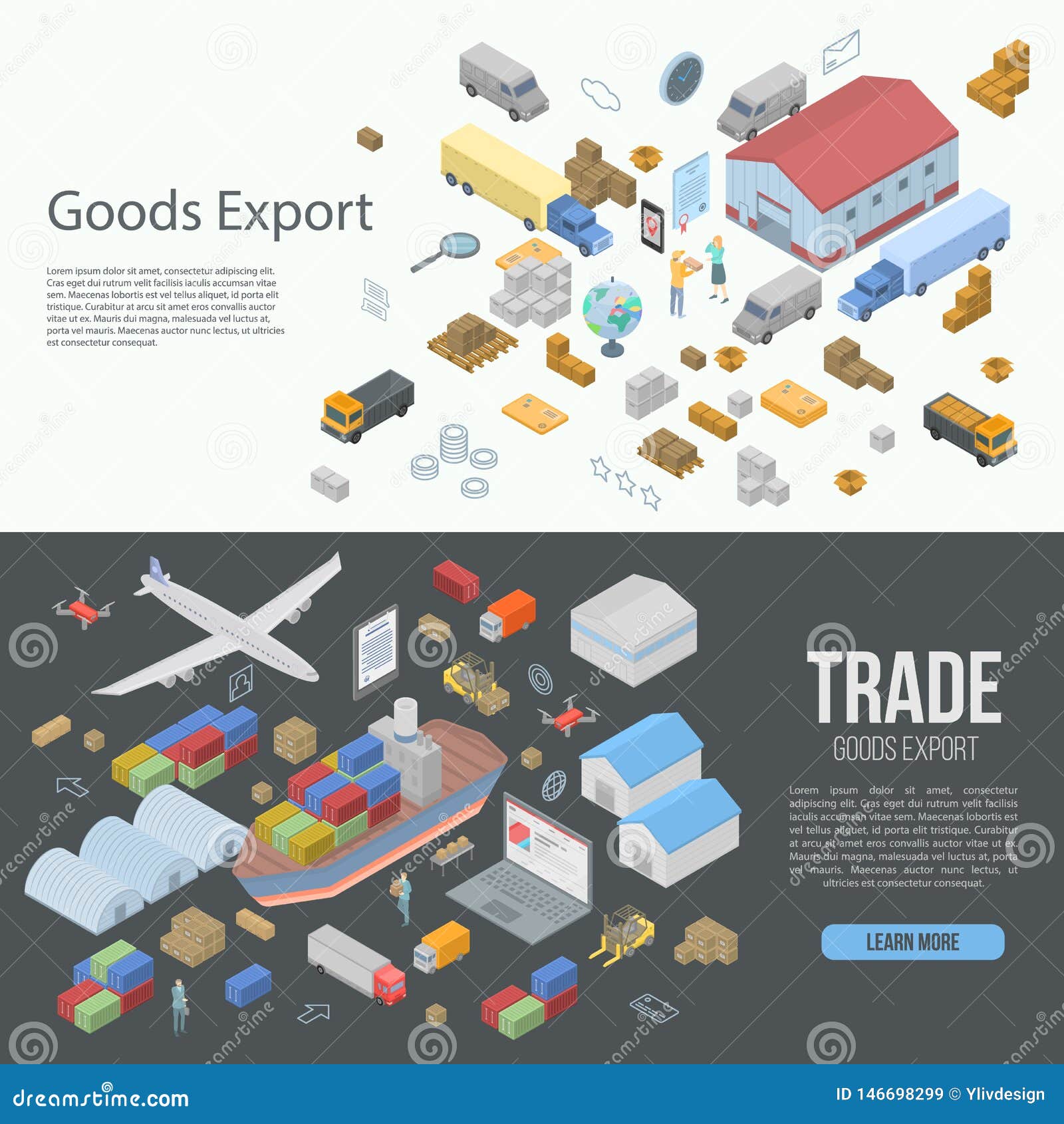 World Goods Export Banner Set, Isometric Style Stock Vector