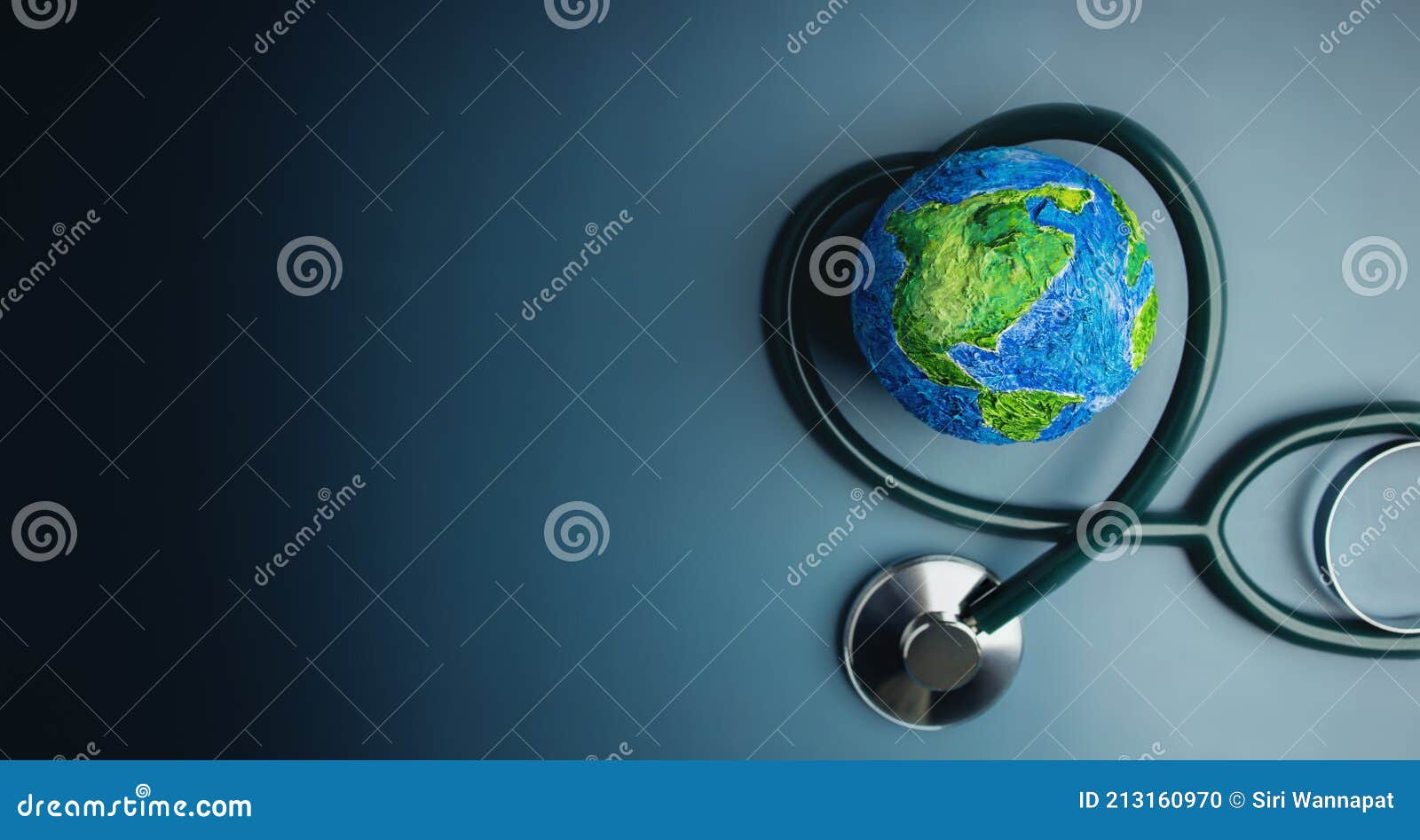 world health day. global health awareness concept. handmade globe inside stethoscope as heart . green environment to love and