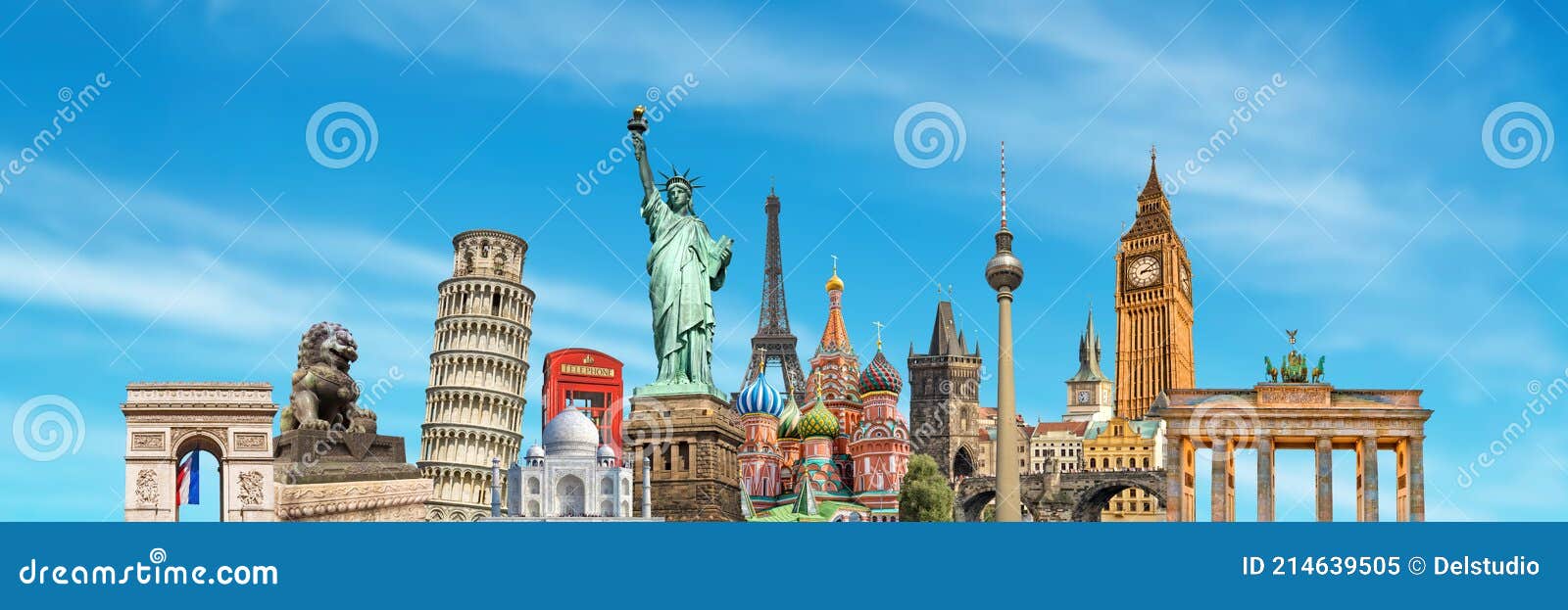 world landmarks and famous monuments panoramic collage on sky background