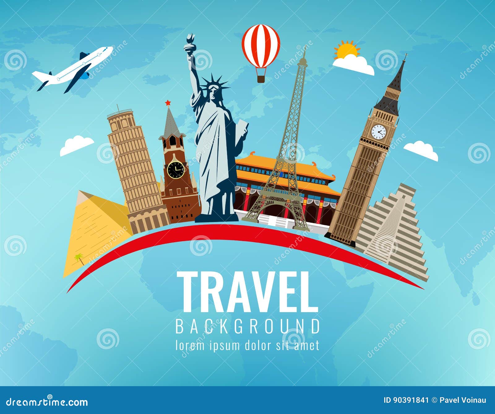 World Landmarks. Travel and Tourism Background. Vector Flat Illustration  Stock Vector - Illustration of asia, background: 90391841