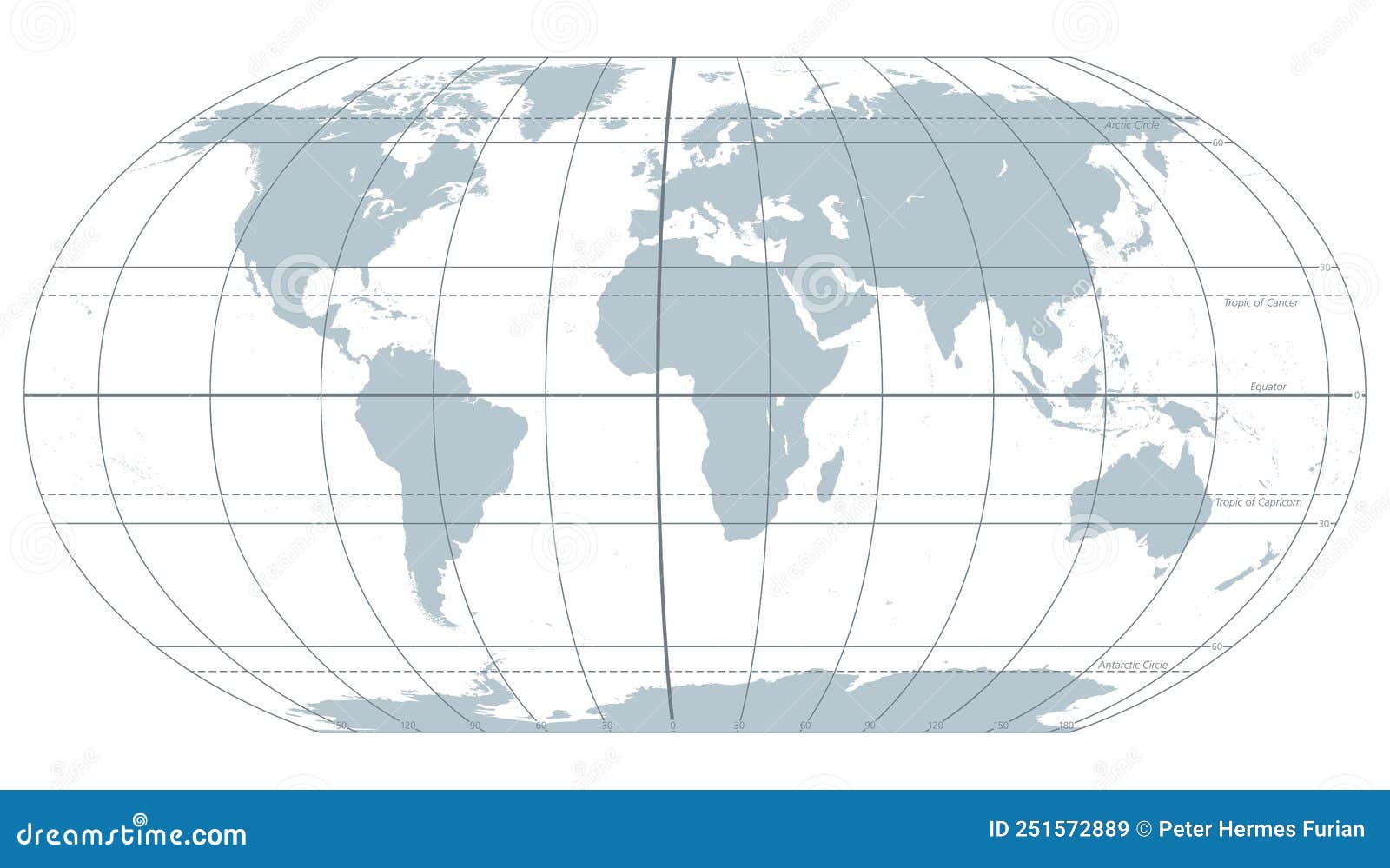 world most important circles of latitudes and longitudes, gray map
