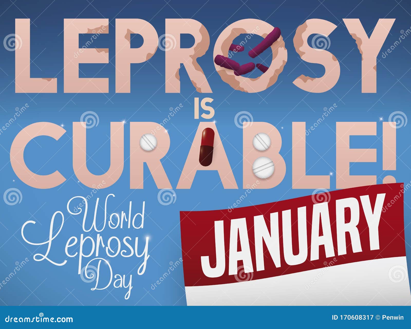world leprosy day  with calendar, bacillus and treatment pills,  