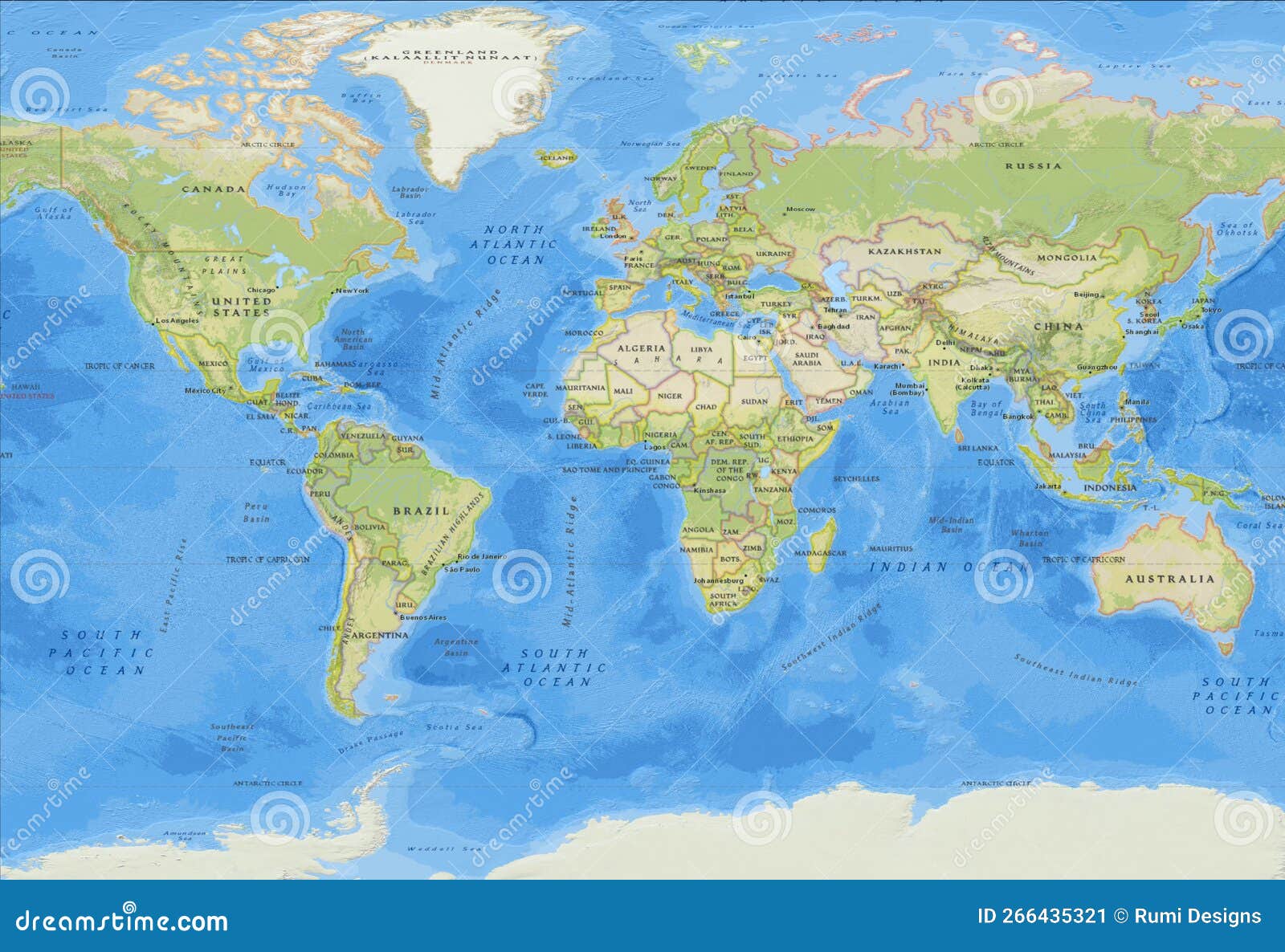 World Map All Countries HD with Terrain and Detailed Labels Stock Image