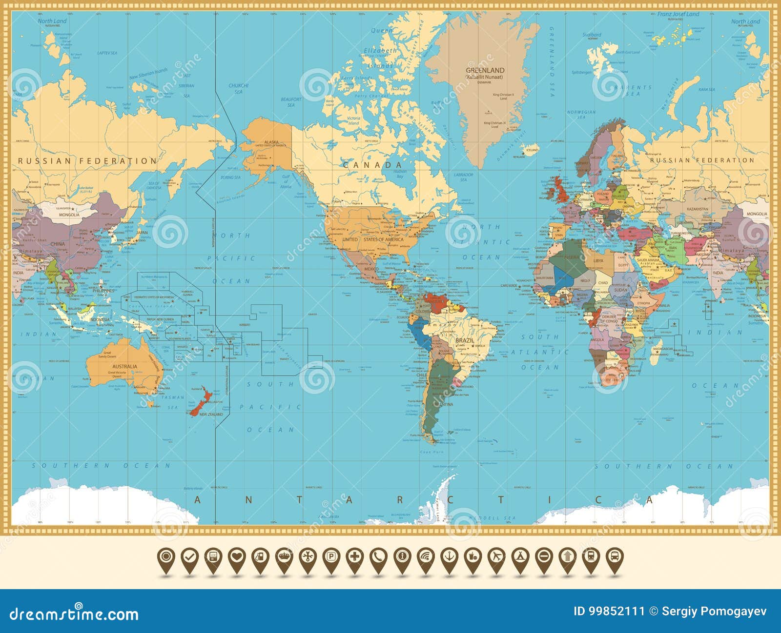 world map america centered and map pointers. retro color