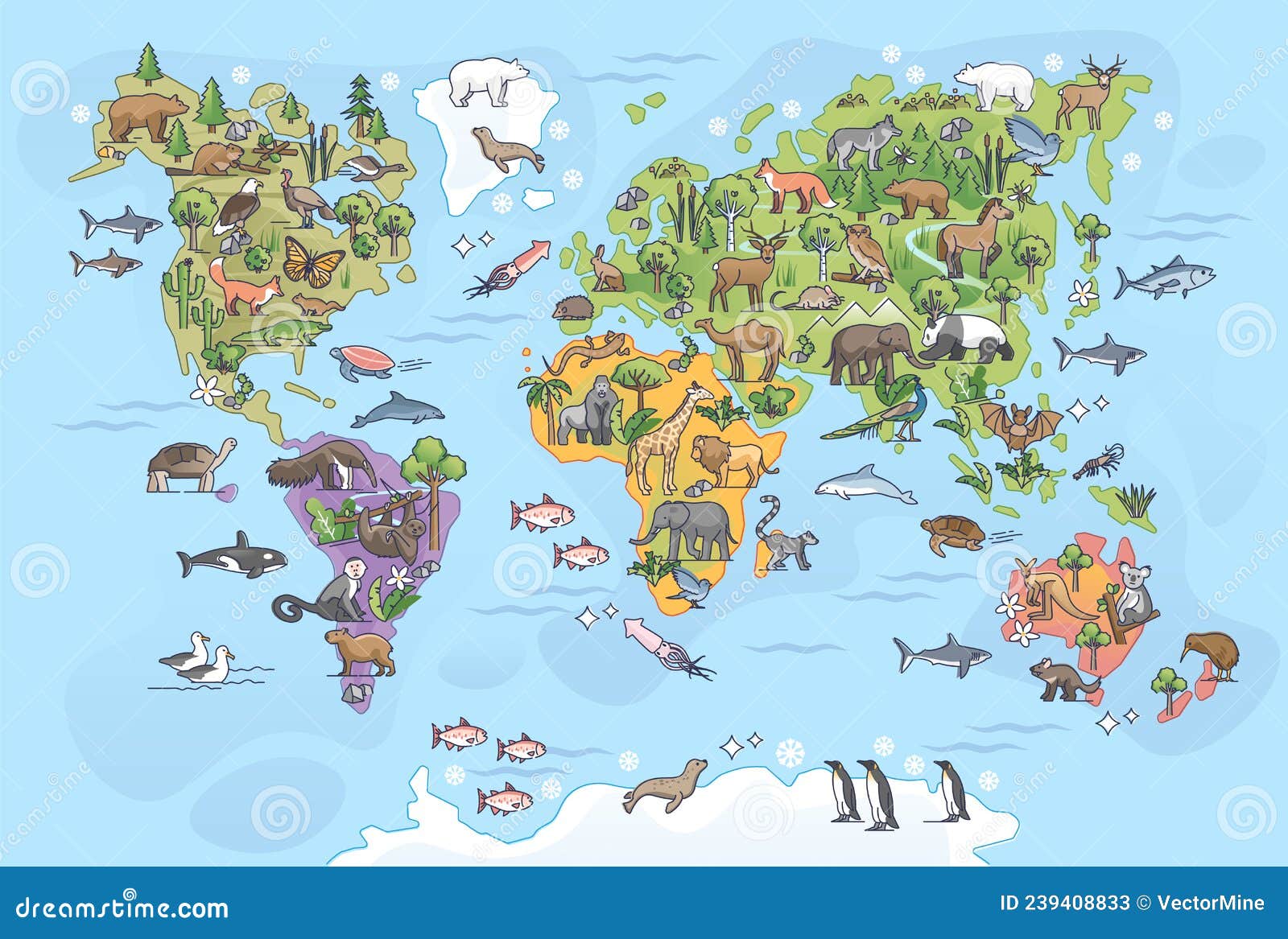 world map with animals as all continents natural habitat outline concept