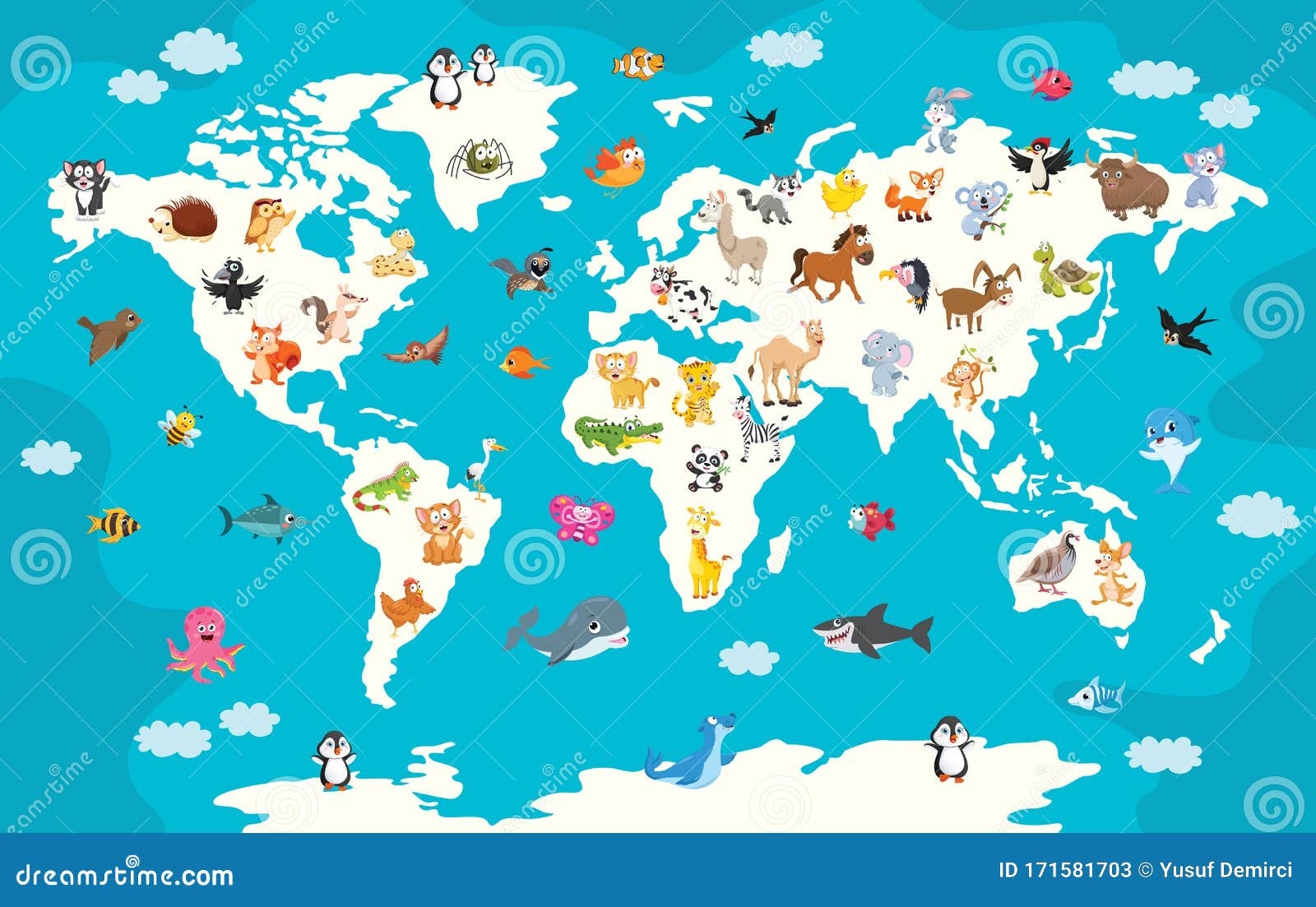 World Map with Cartoon Animals Stock Vector - Illustration of ecosystem,  geography: 171581703