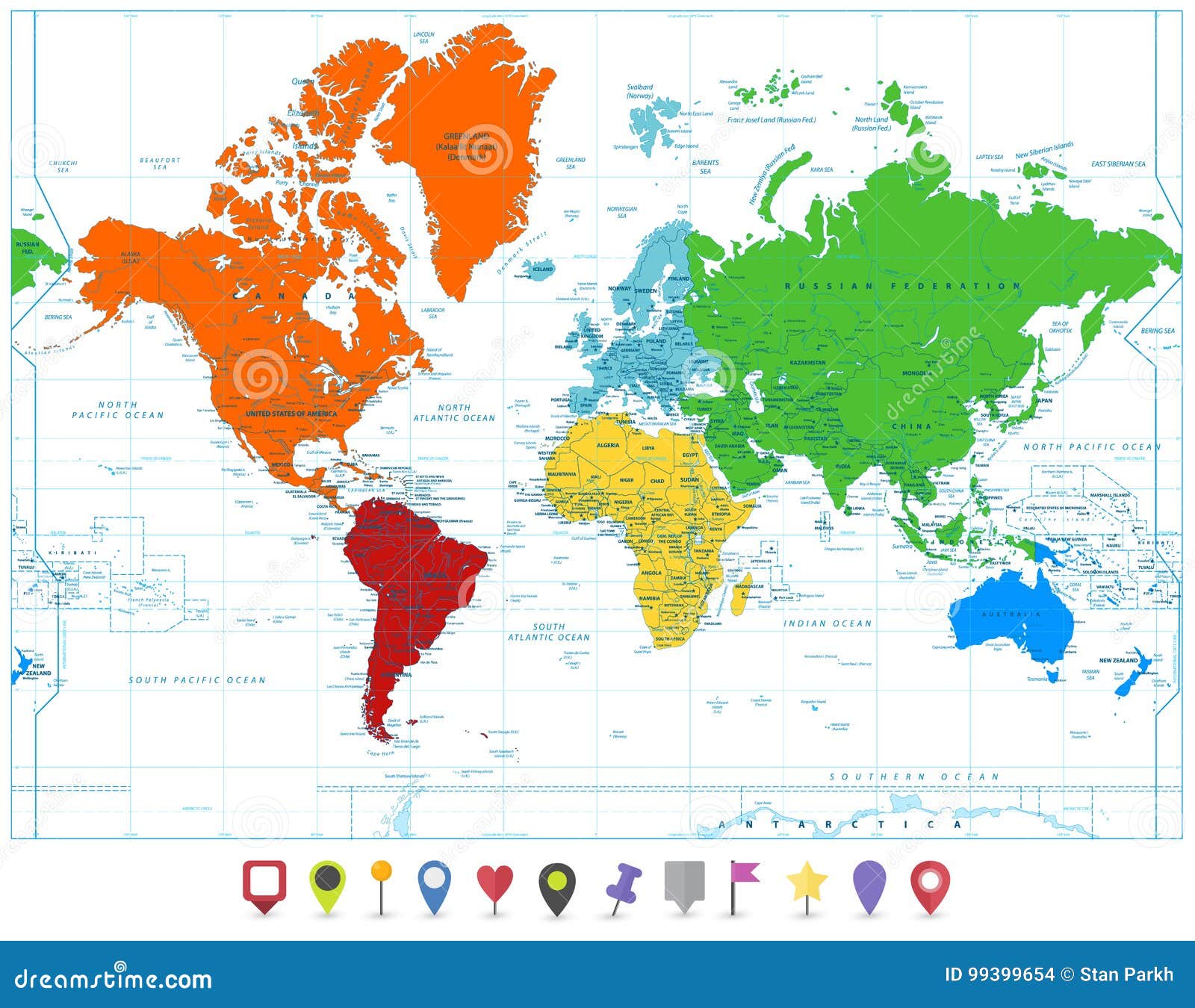 World Map With Colorful Continents And Flat Map Pointers