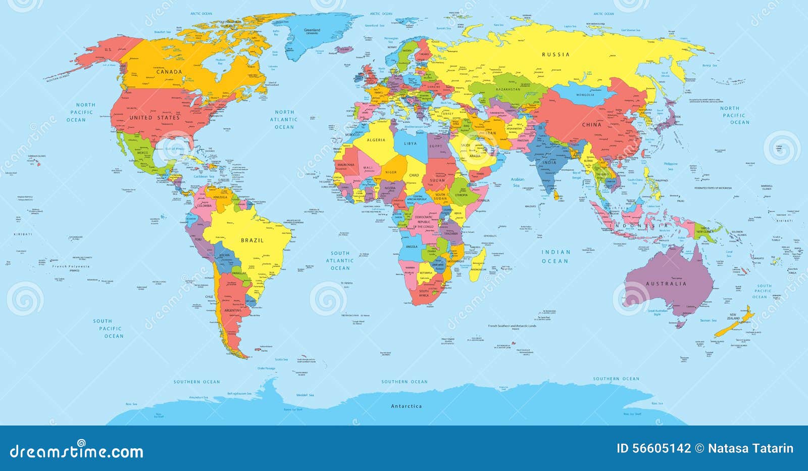 World Map With Countries Country And City Names Stock