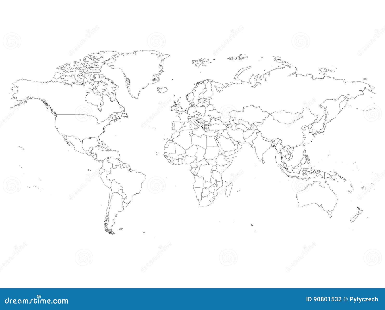 World Map With Country Borders Thin Black Outline On White Background