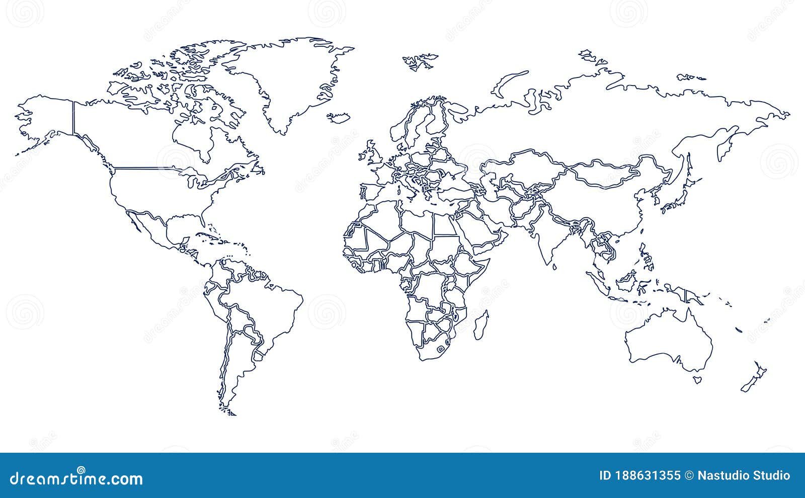 World Map With Country Borders Thin Blue Outline On White Background