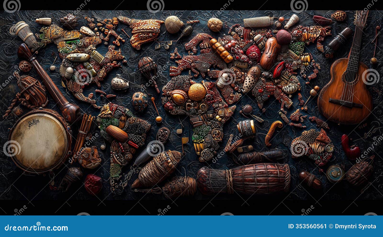 world map created with musical instruments and vibrant artistic s