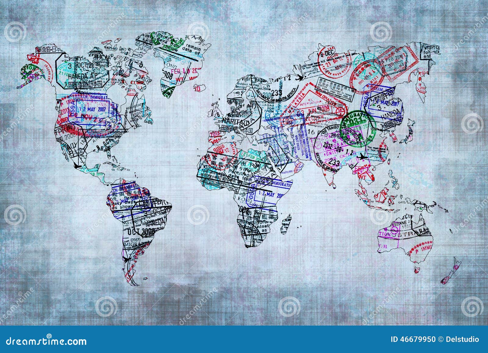 world map created with passport stamps