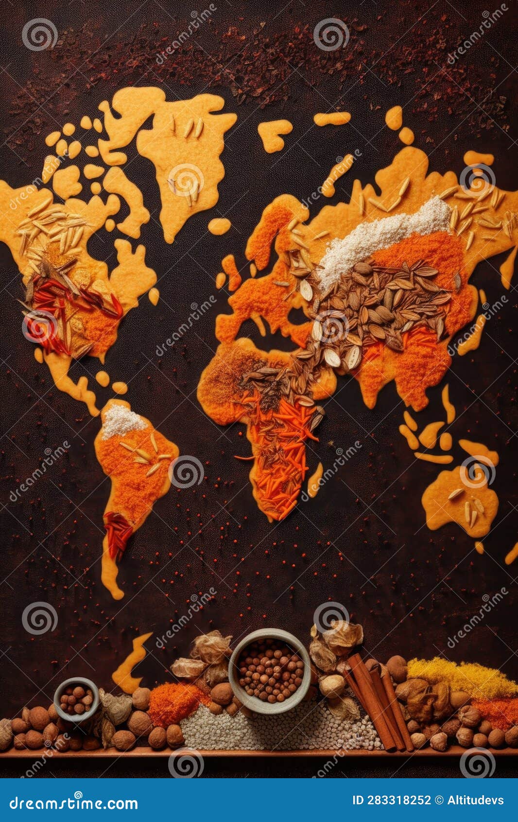 World Map Created with Various Spices and Ingredients Stock Photo