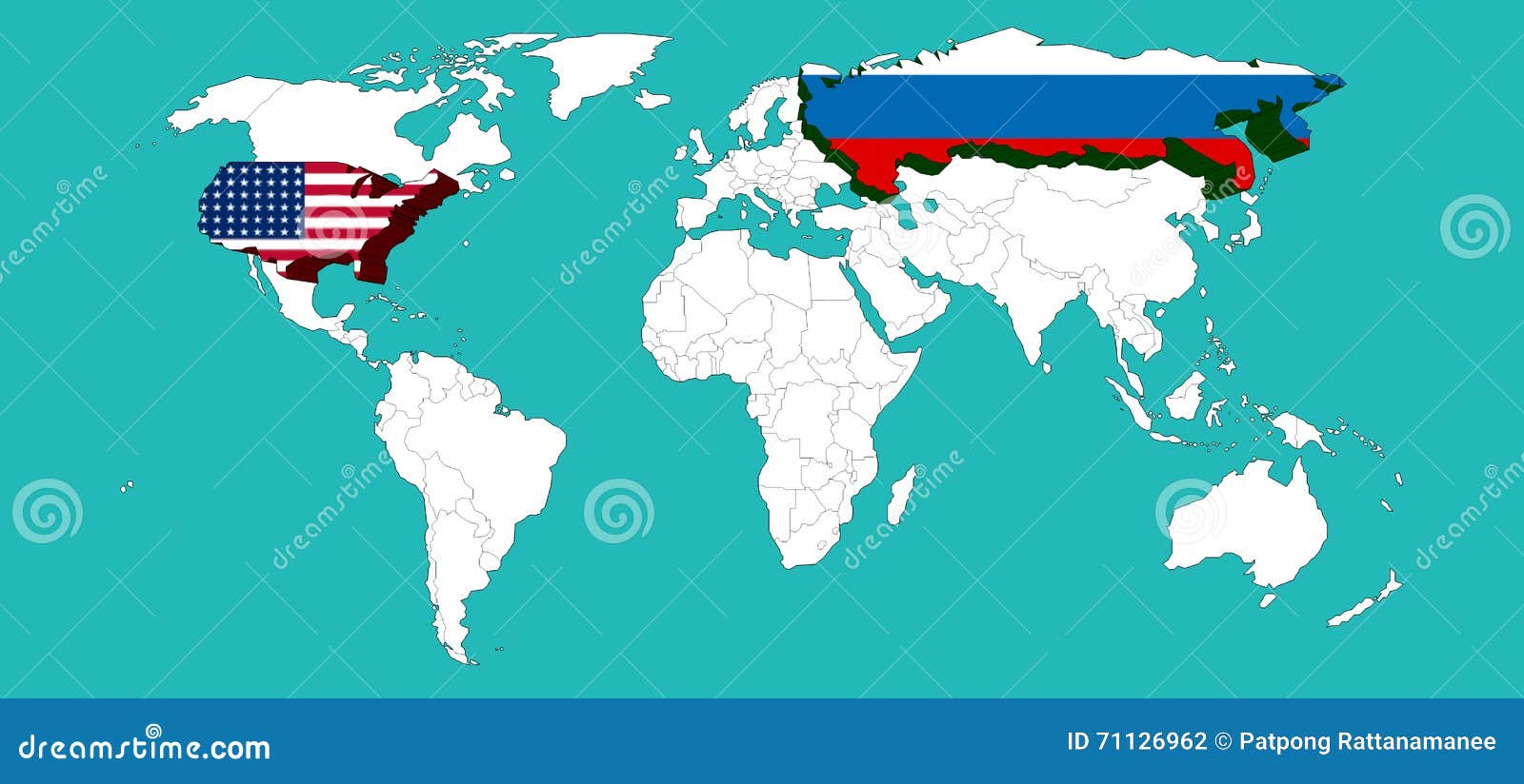 World Map Decorated Usa By Usa Flage And Russia By Russia Flage