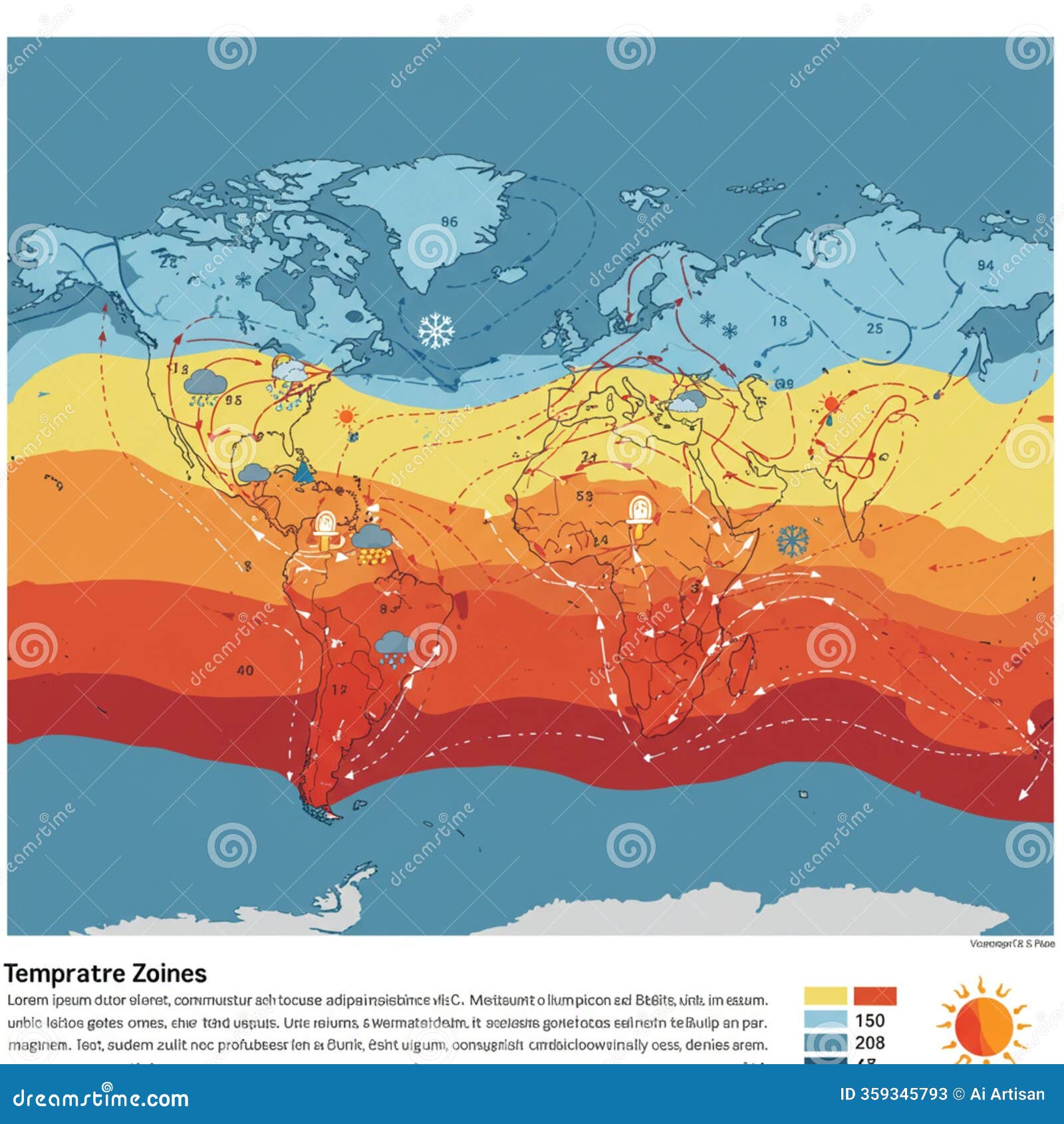World Map Displaying Temperature Zones Using a Gradient from Blue