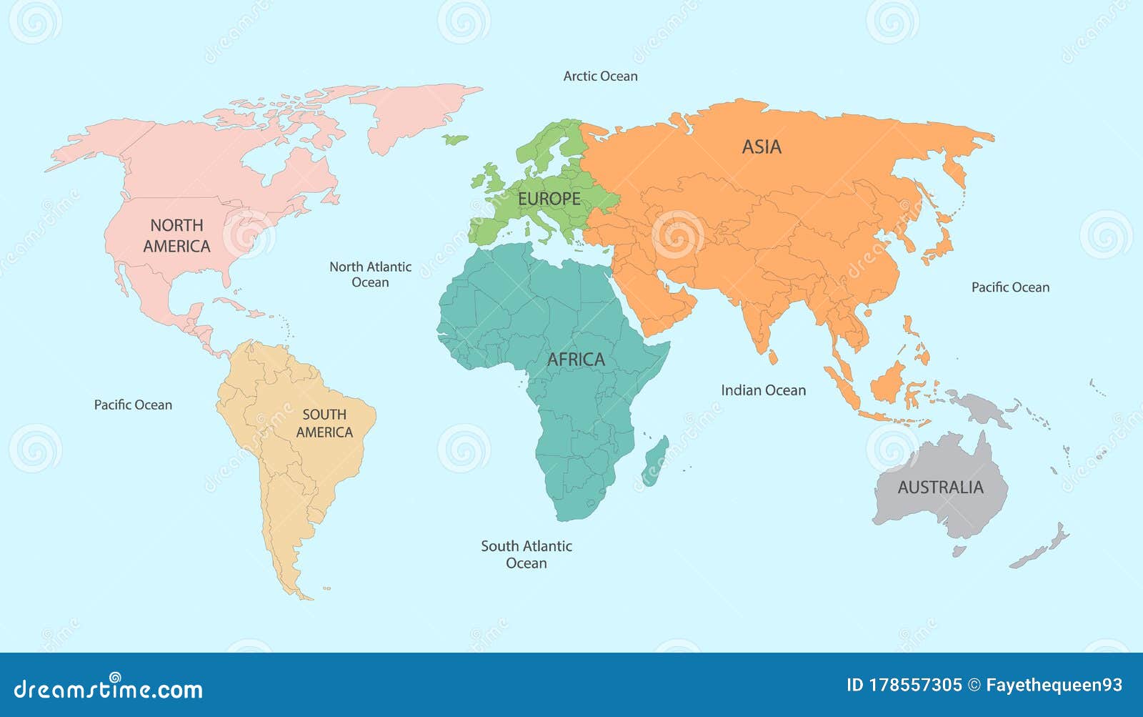 World Map Divided into Six Continents in Different Color. Stock Vector