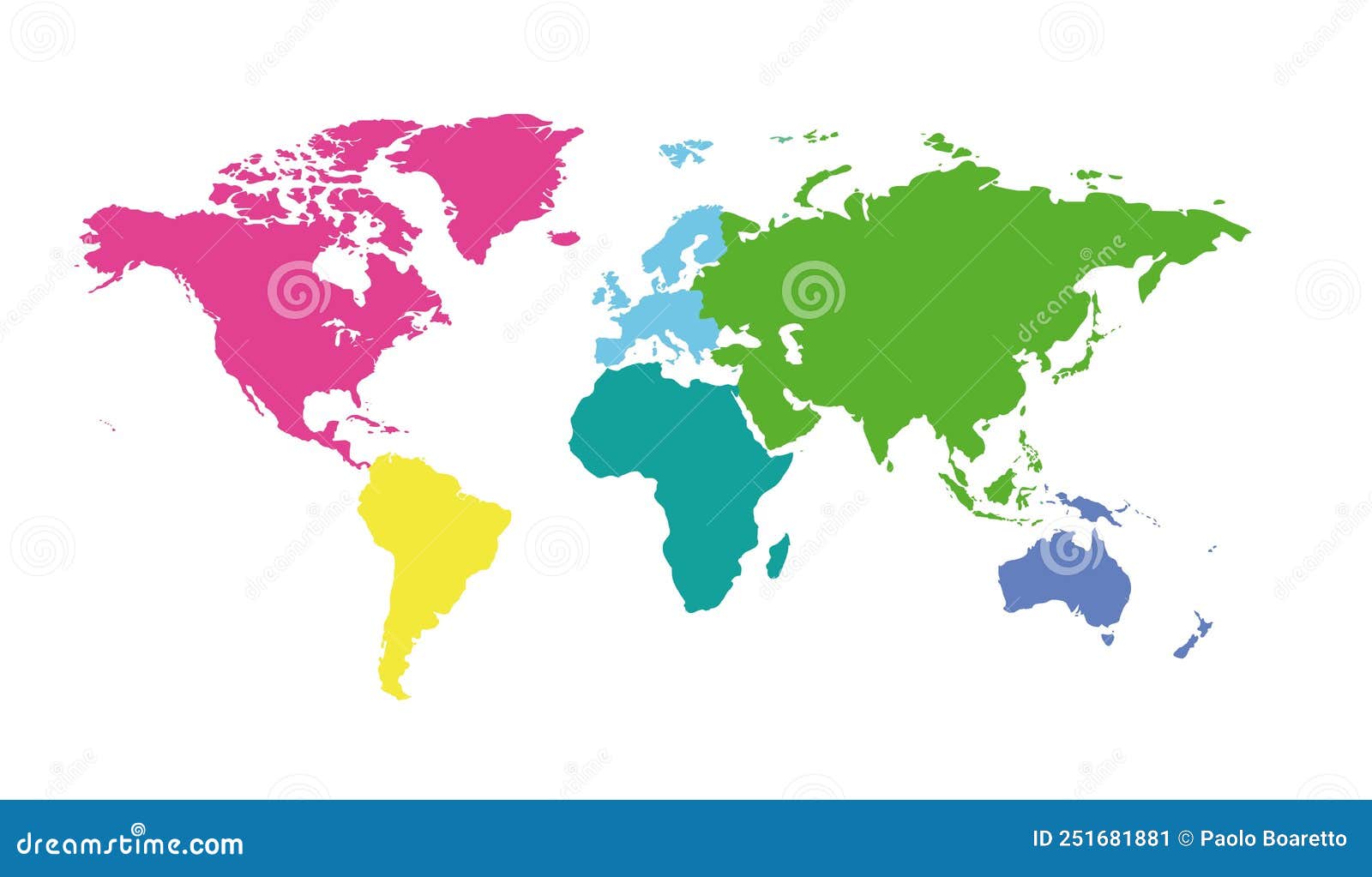 The World Map is Divided into Six Continents in Different Colors. Each