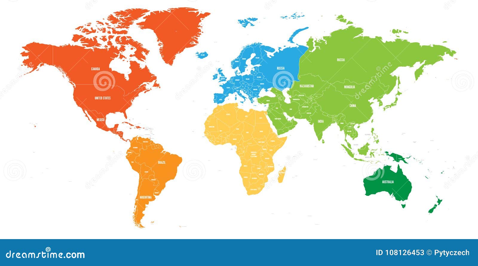 world map divided into six continents. each continent in different color. simple flat  