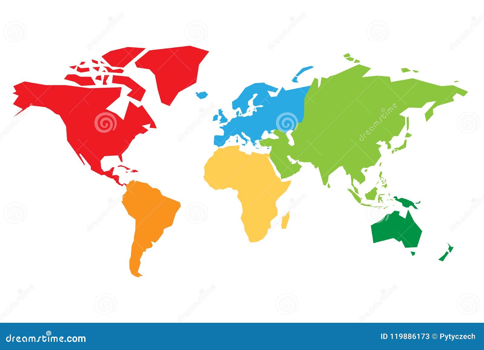 world map divided into six continents. each continent in different color. simple flat  