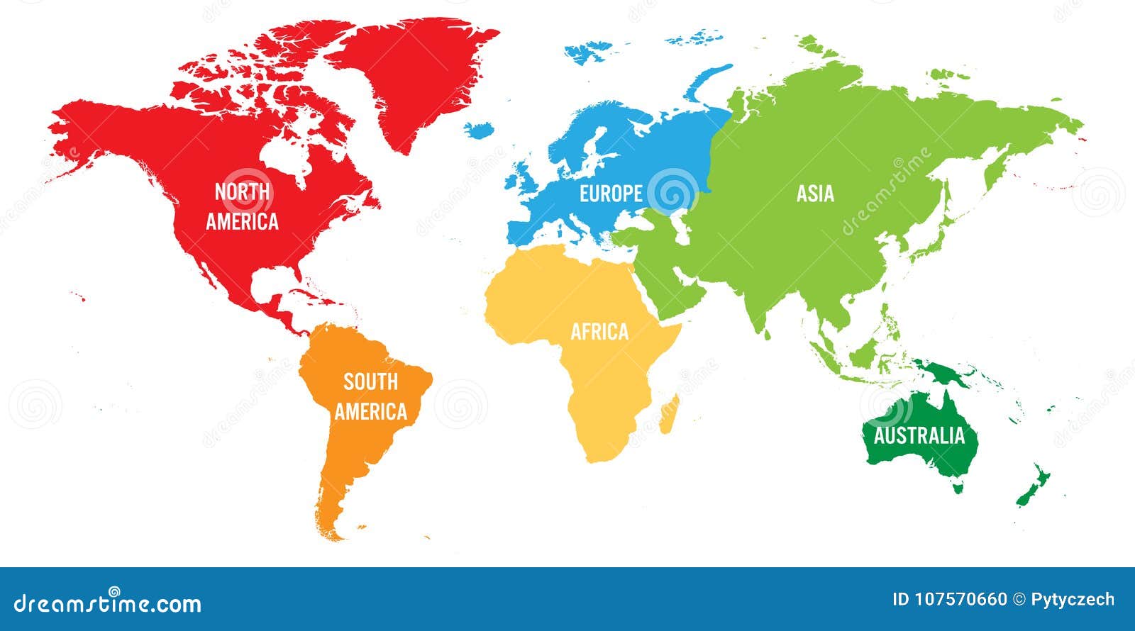 world map divided into six continents. each continent in different color. simple flat  