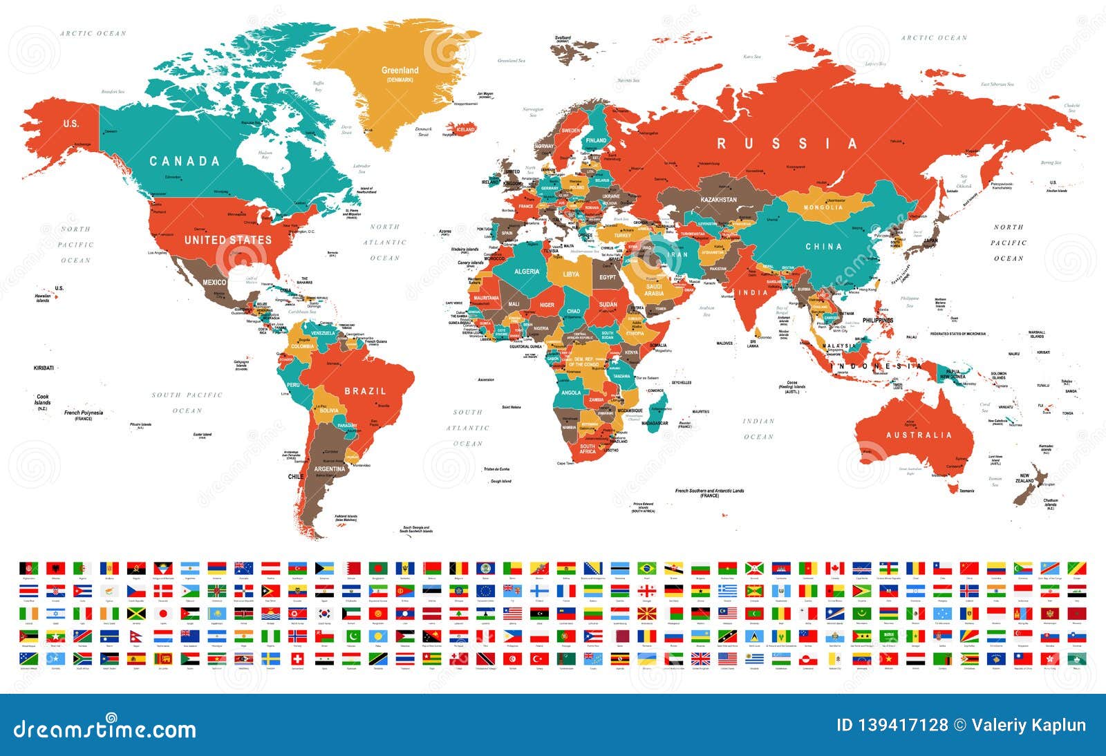 world map and flags - borders, countries and cities -
