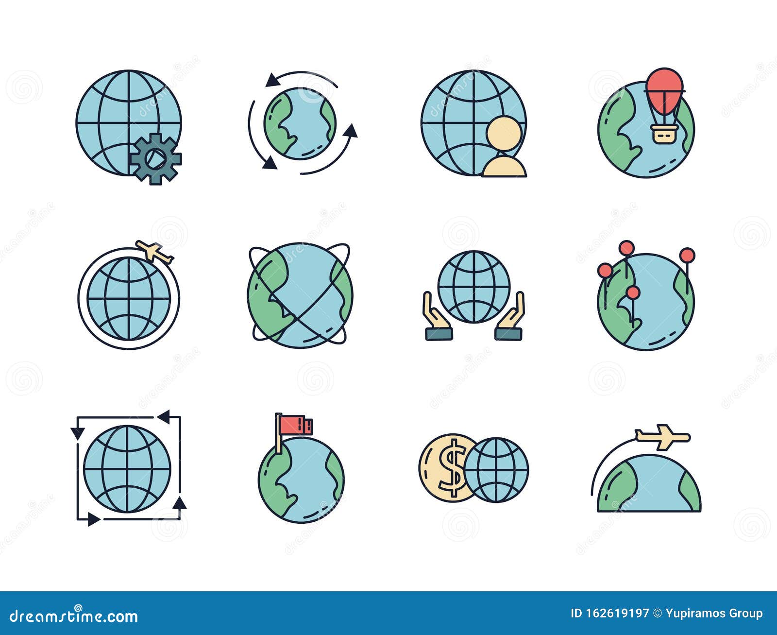 World Map Global Icons Set Line Filled Stock Vector - Illustration of 