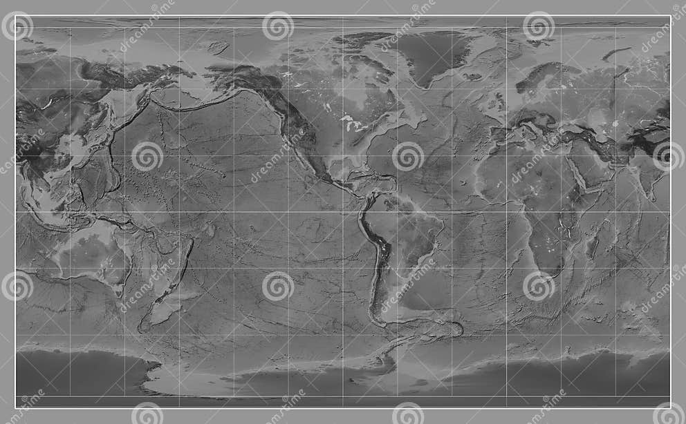 World Map. Grayscale. Compact Miller Projection. Meridian: -90 W Stock ...