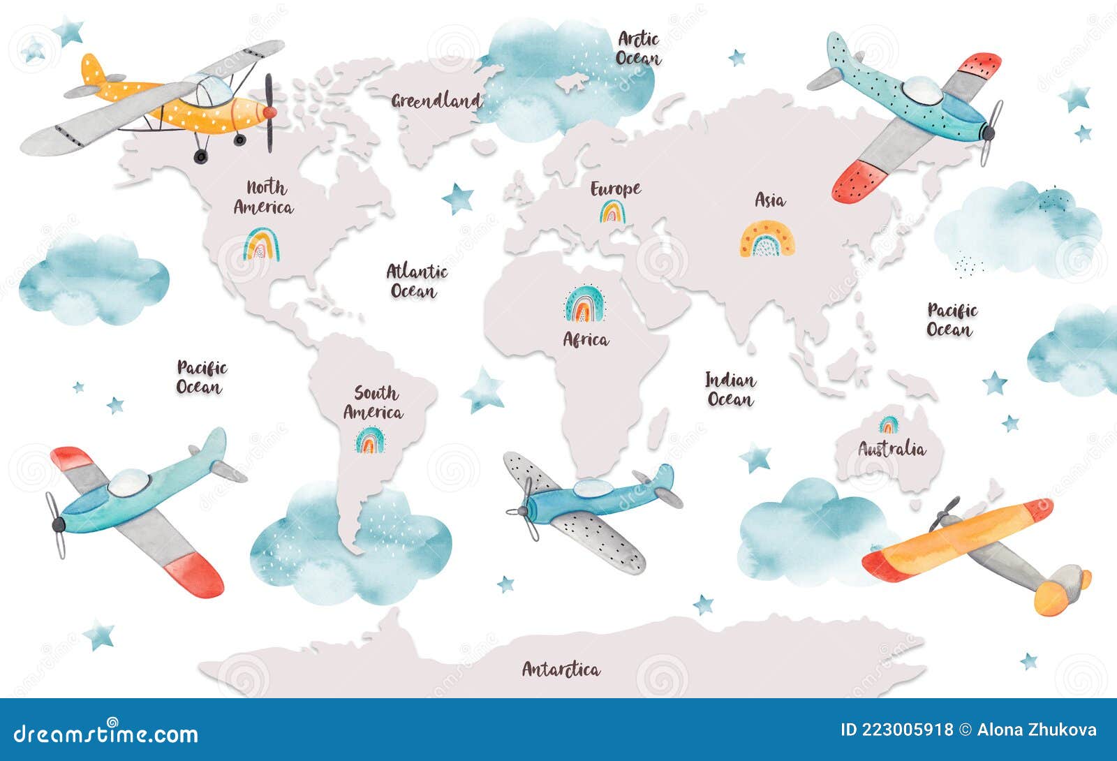 World Map for Kids with Cute Cartoon Planes, Clouds and Rainbows. Children  S Map Design for Wallpaper, Kid S Room, Wall Stock Photo - Image of north,  background: 223005918