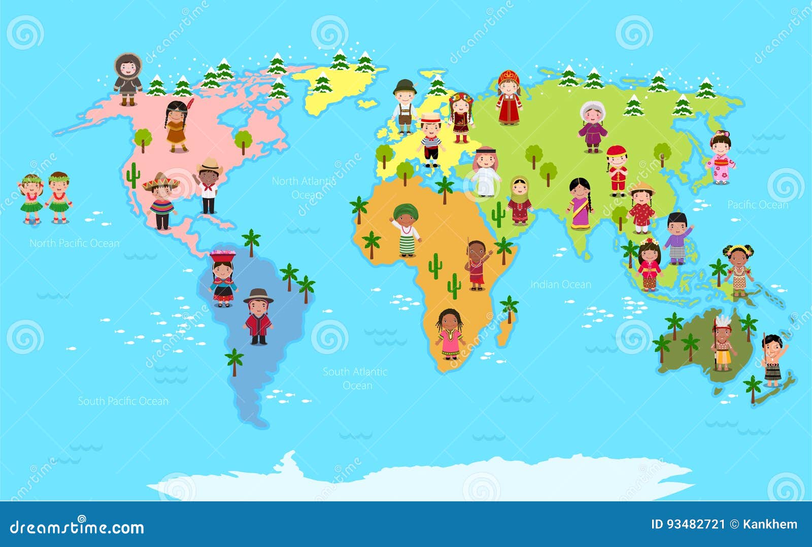 world map and kids of various nationalities